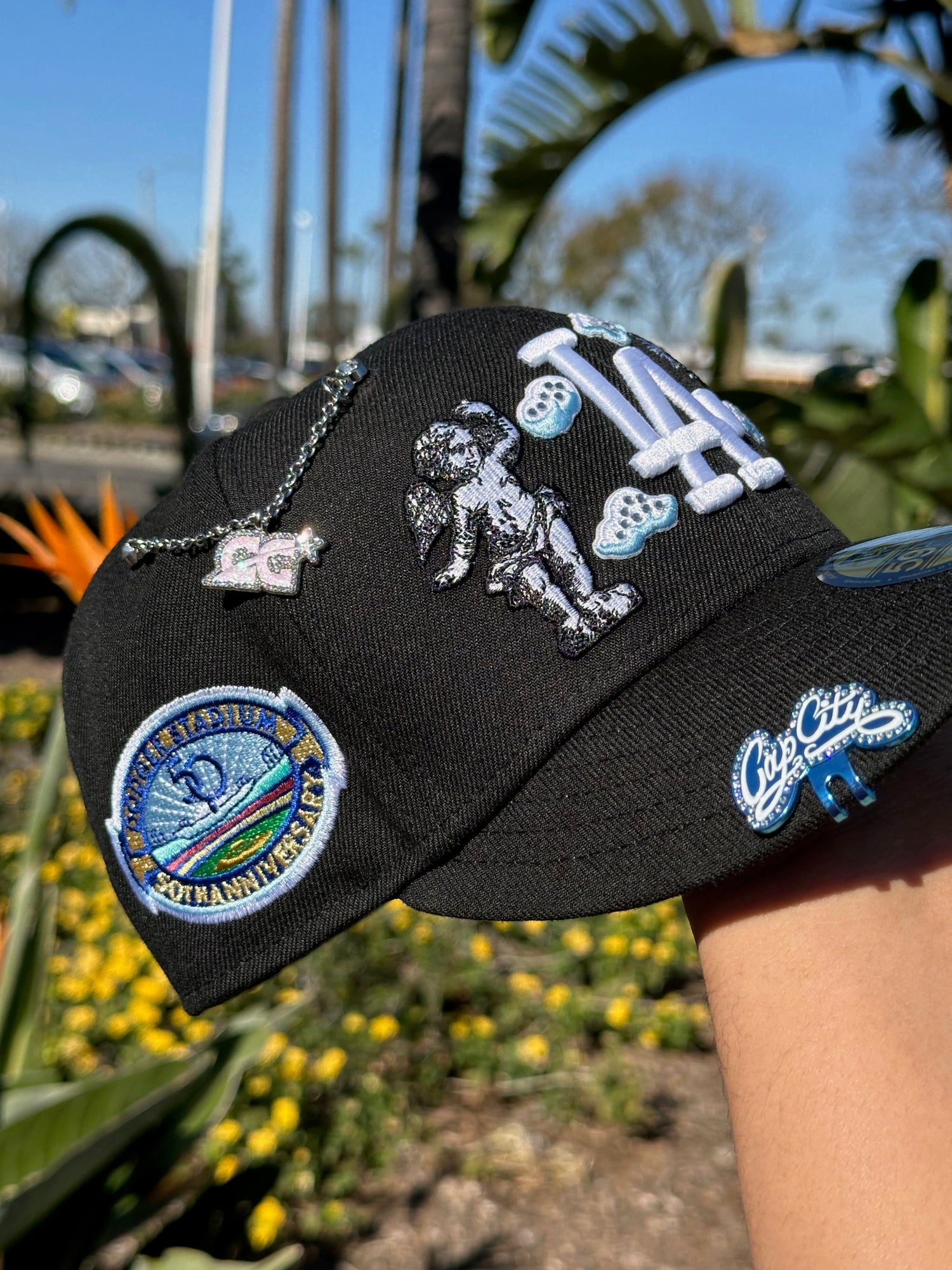 NEW ERA EXCLUSIVE 59FIFTY BLACK LOS ANGELES DODGERS "HEAVENLY CITY" W/ 50TH ANNIVERSARY SIDE PATCH *FREE BLIP INCLUDED