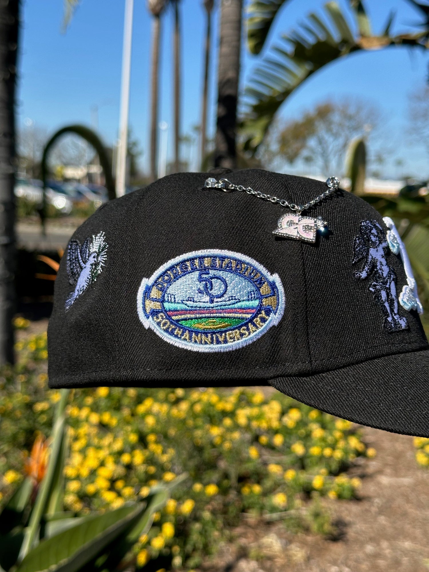 NEW ERA EXCLUSIVE 59FIFTY BLACK LOS ANGELES DODGERS "HEAVENLY CITY" W/ 50TH ANNIVERSARY SIDE PATCH *FREE BLIP INCLUDED