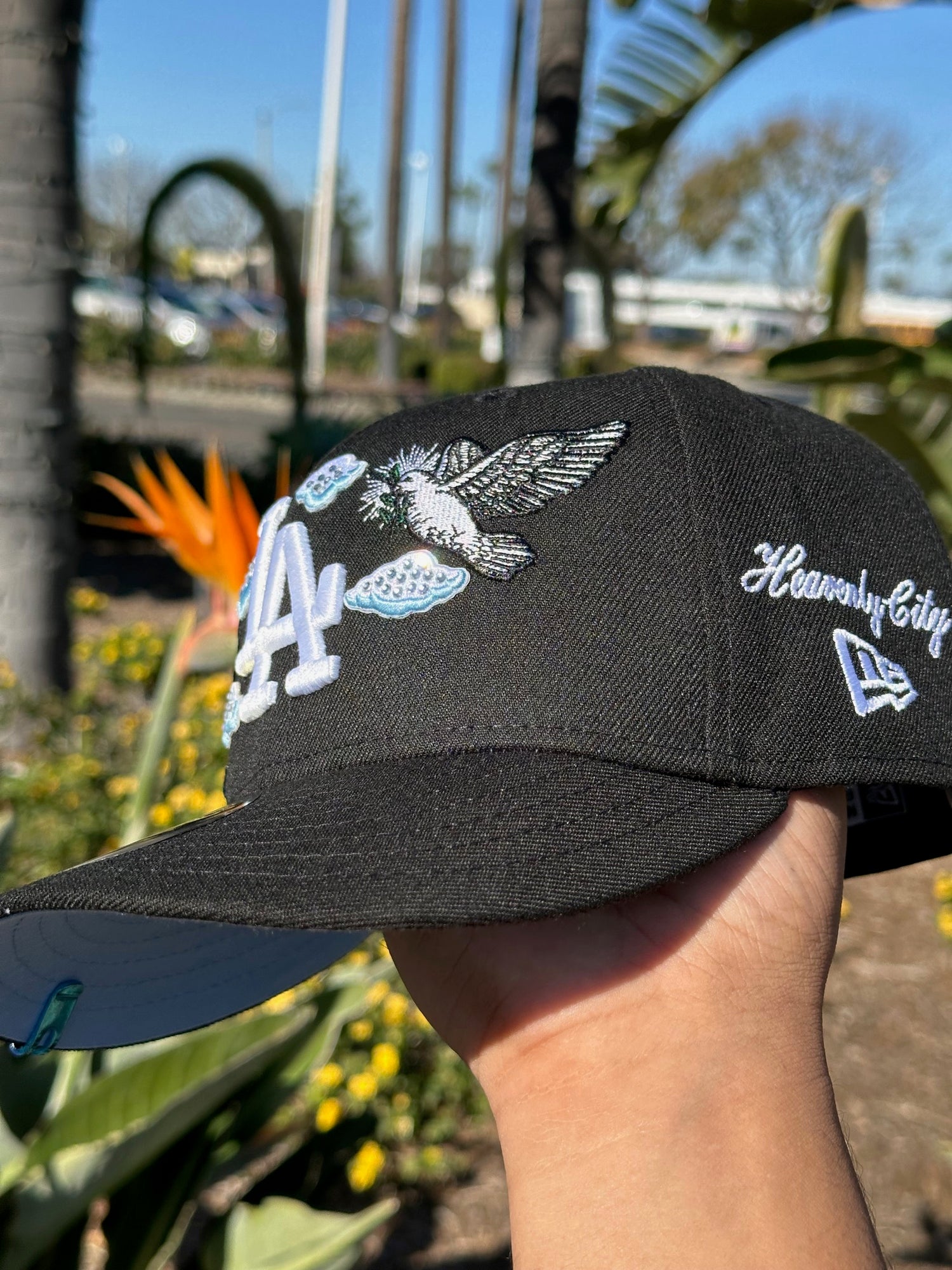 NEW ERA EXCLUSIVE 59FIFTY BLACK LOS ANGELES DODGERS "HEAVENLY CITY" W/ 50TH ANNIVERSARY SIDE PATCH *FREE BLIP INCLUDED