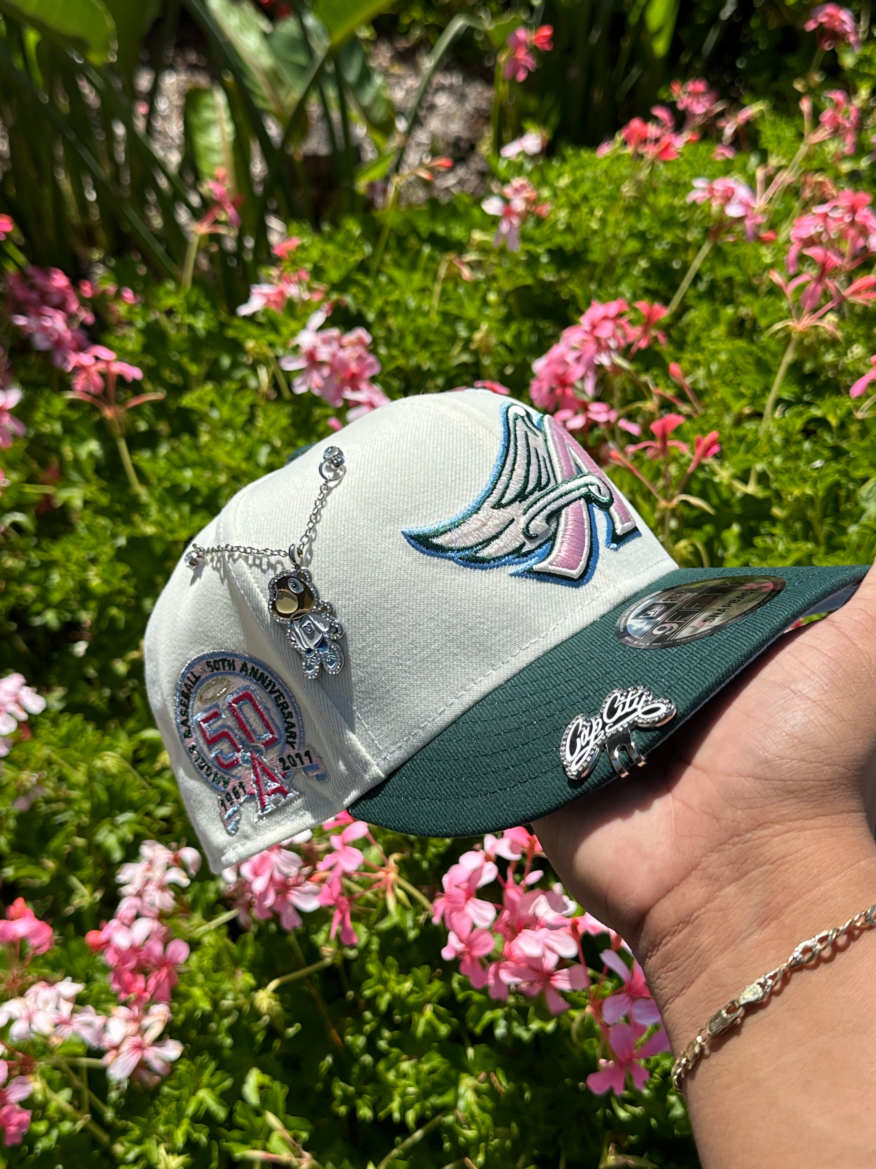 NEW ERA 9FIFTY CHROME WHITE/FOREST GREEN ANAHEIM ANGELS SNAPBACK W/ 50TH ANNIVERSARY SIDE PATCH