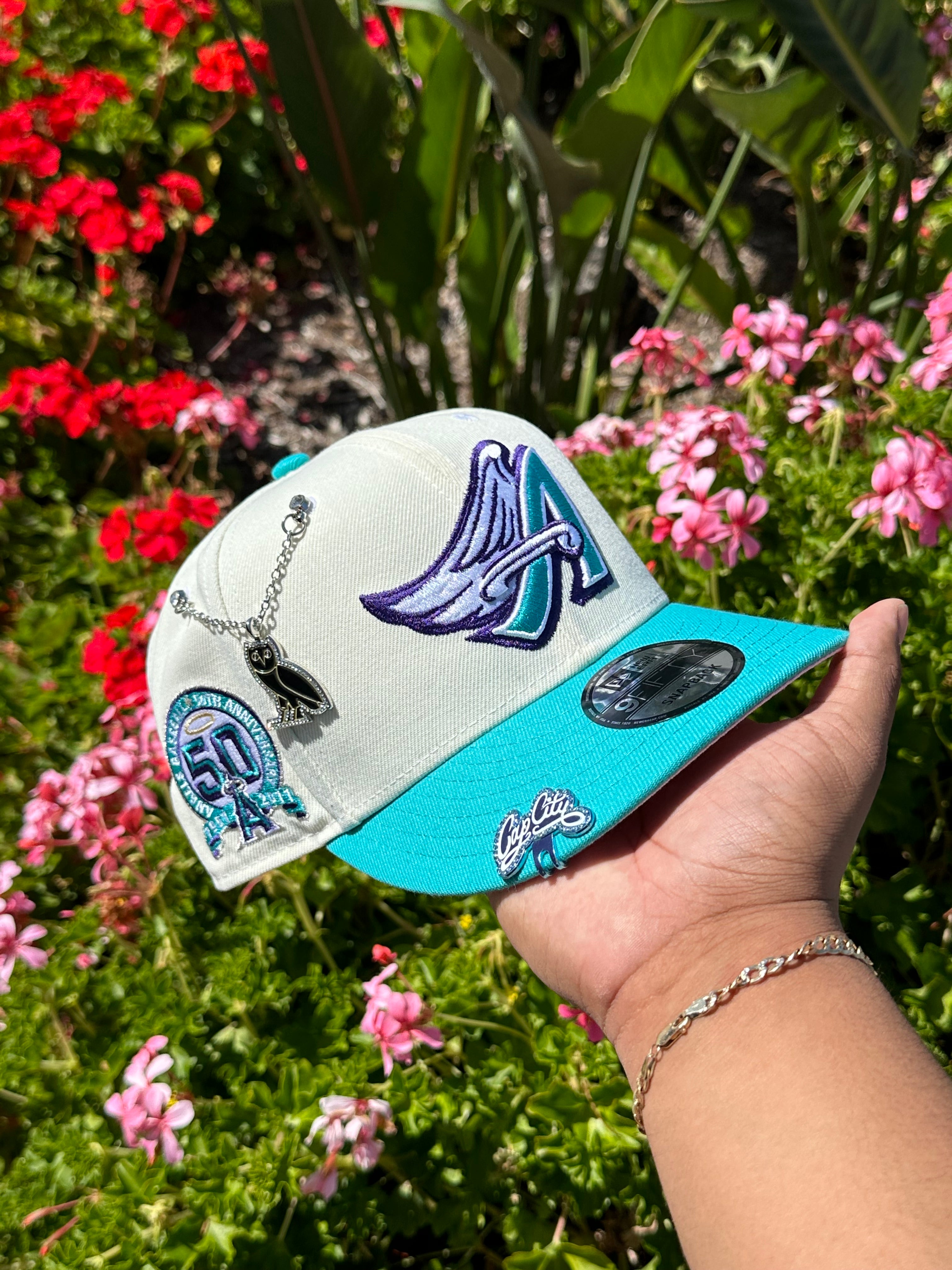 NEW ERA 9FIFTY CHROME WHITE/TURQUOISE ANAHEIM ANGELS SNAPBACK W/ 50TH ANNIVERSARY SIDE PATCH