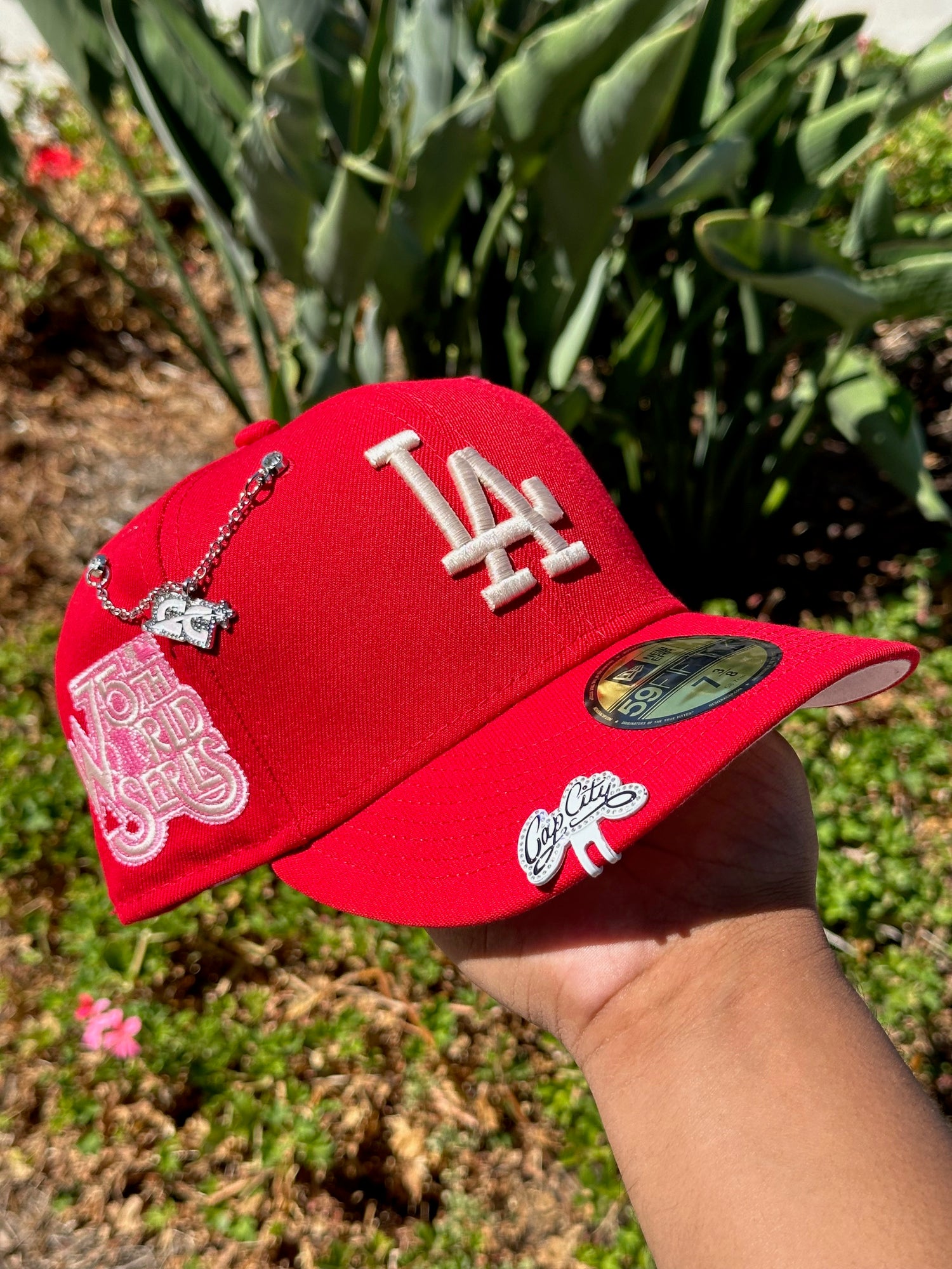 NEW ERA EXCLUSIVE 59FIFTY RED LOS ANGELES DODGERS W/ 75TH WORLD SERIES SIDE PATCH
