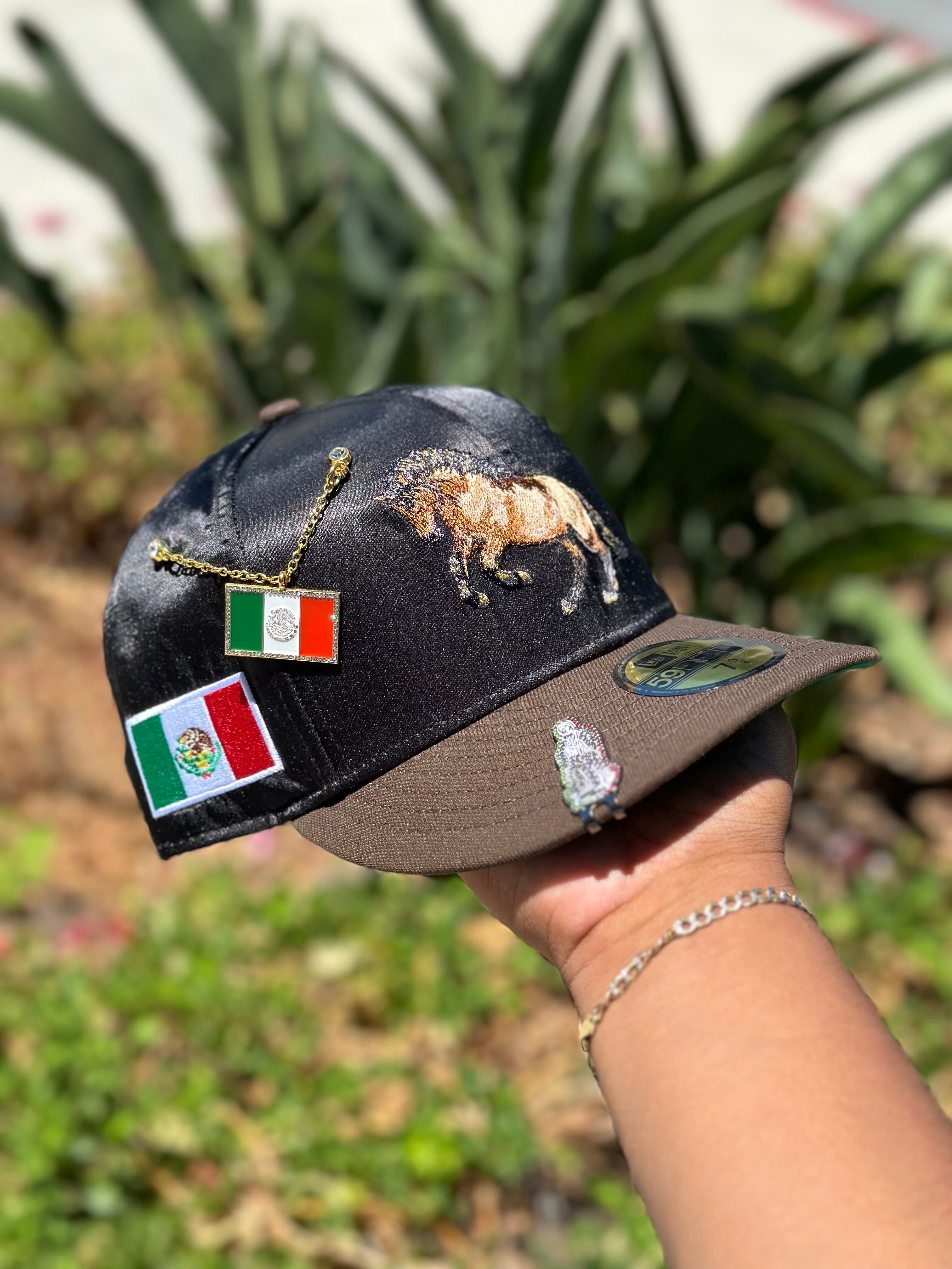 NEW ERA EXCLUSIVE 59FIFTY SATIN/BROWN MEXICO "EL CABALLO" W/ MEXICO FLAG SIDE PATCH