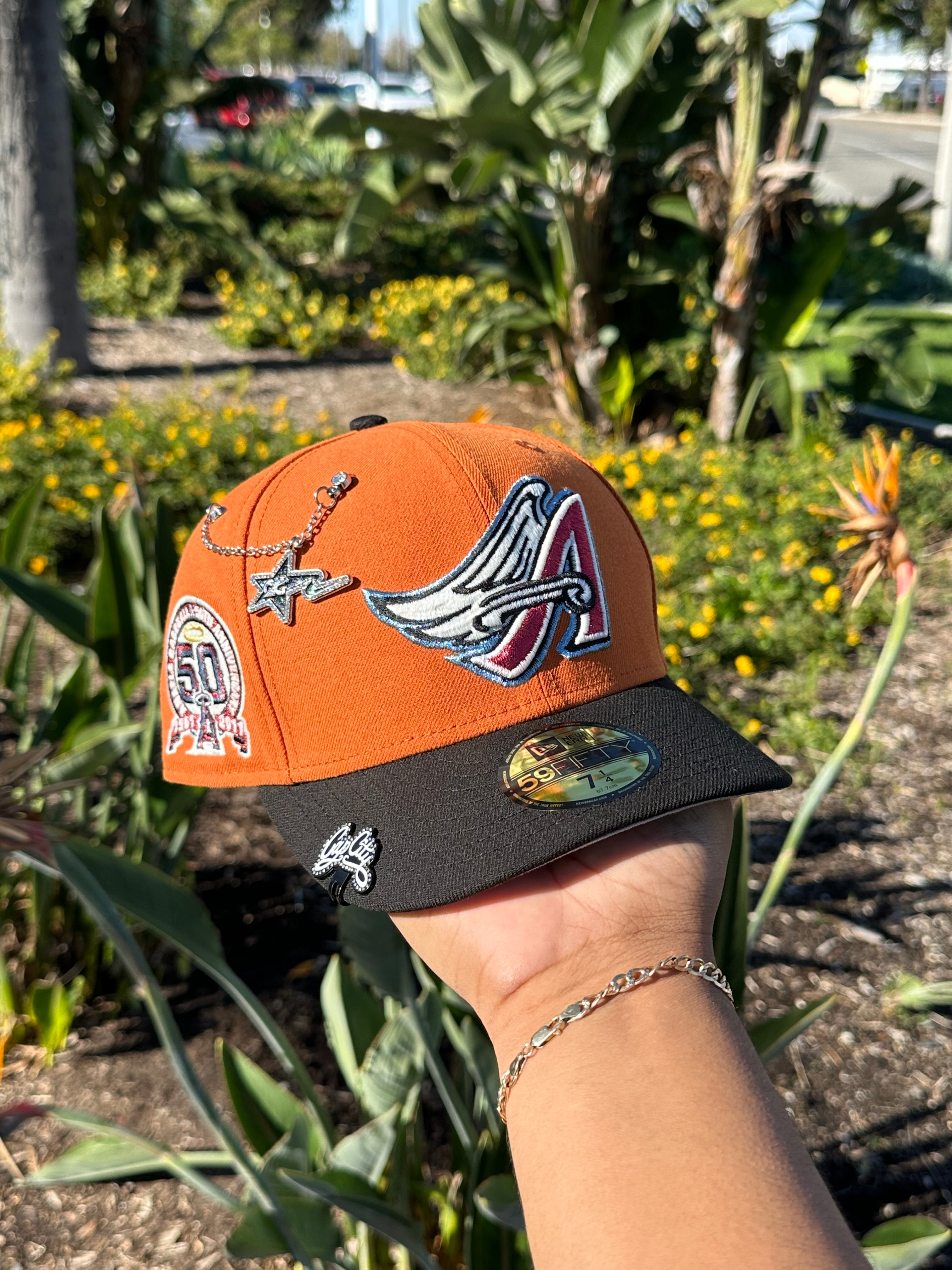 NEW ERA EXCLUSIVE 59FIFTY RUST ORANGE/BLACK ANAHEIM ANGELS SCRIPT W/ 50TH ANNIVERSARY PATCH