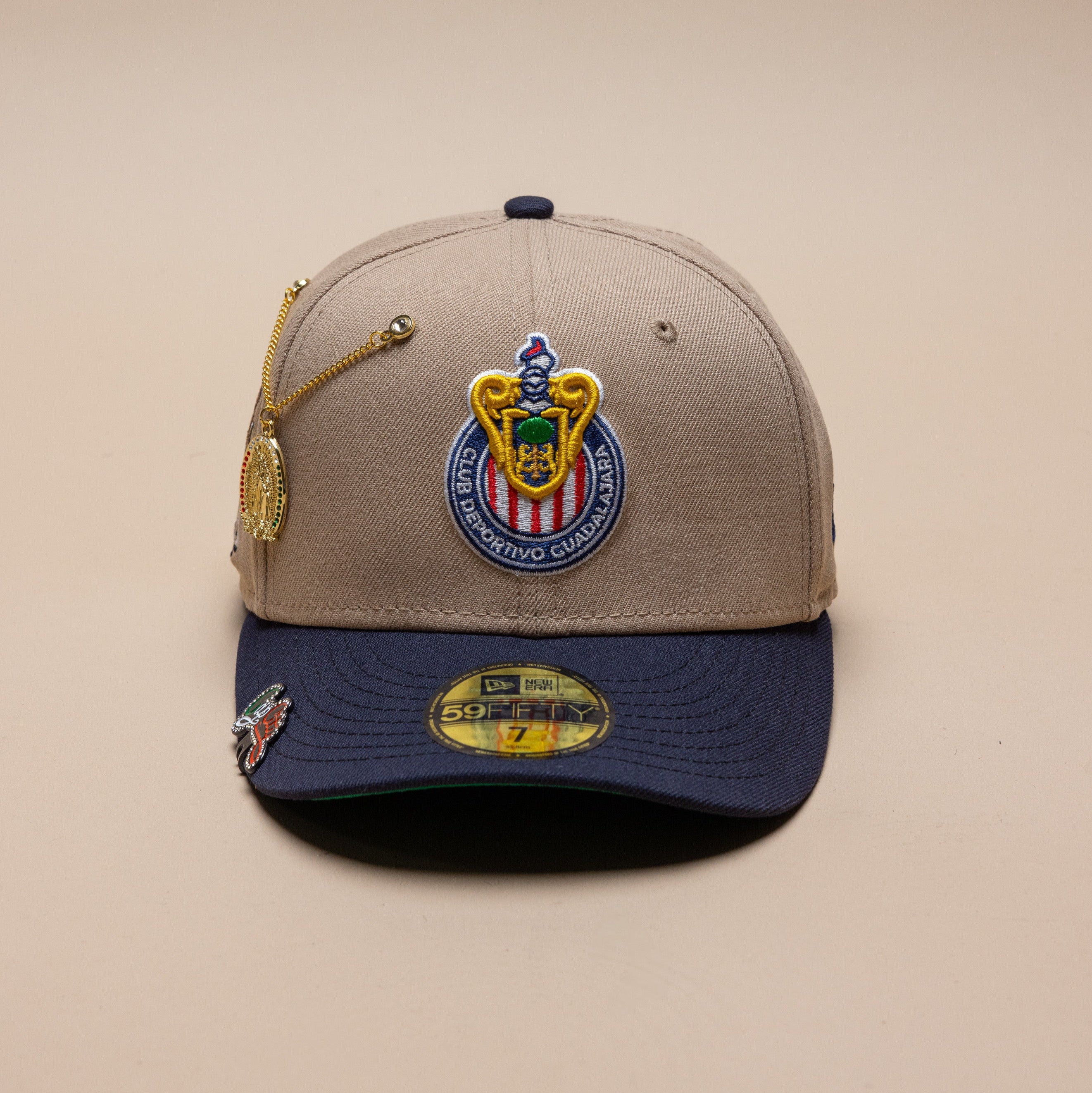 NEW ERA EXCLUSIVE 59FIFTY CAMEL BROWN/NAVY "CHIVAS DE GUADALAJARA" W/ THE GOAT SIDE PATCH