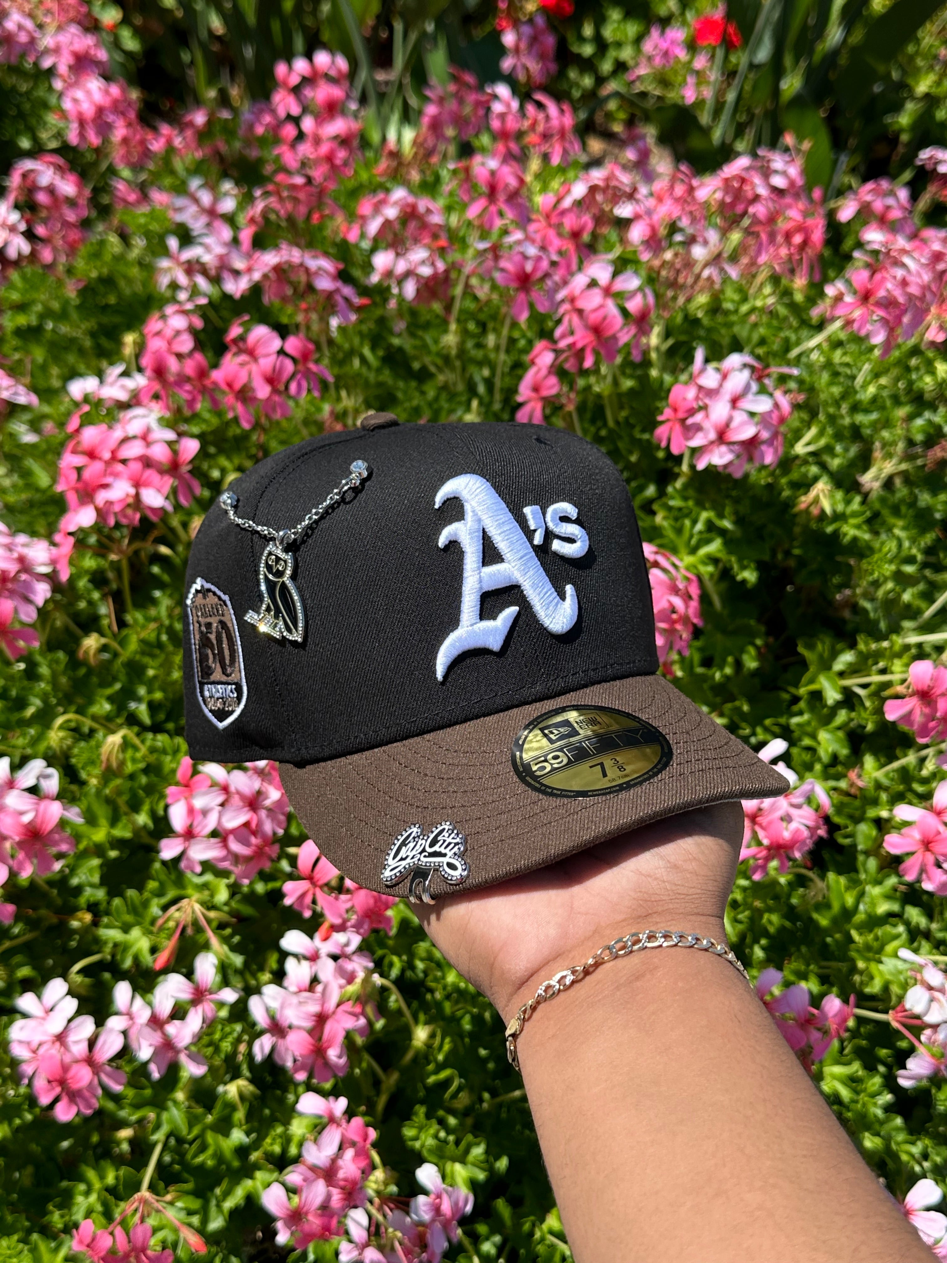 NEW ERA EXCLUSIVE 59FIFTY BLACK/BROWN OAKLAND ATHLETICS W/ 50TH ANNIVERSARY PATCH