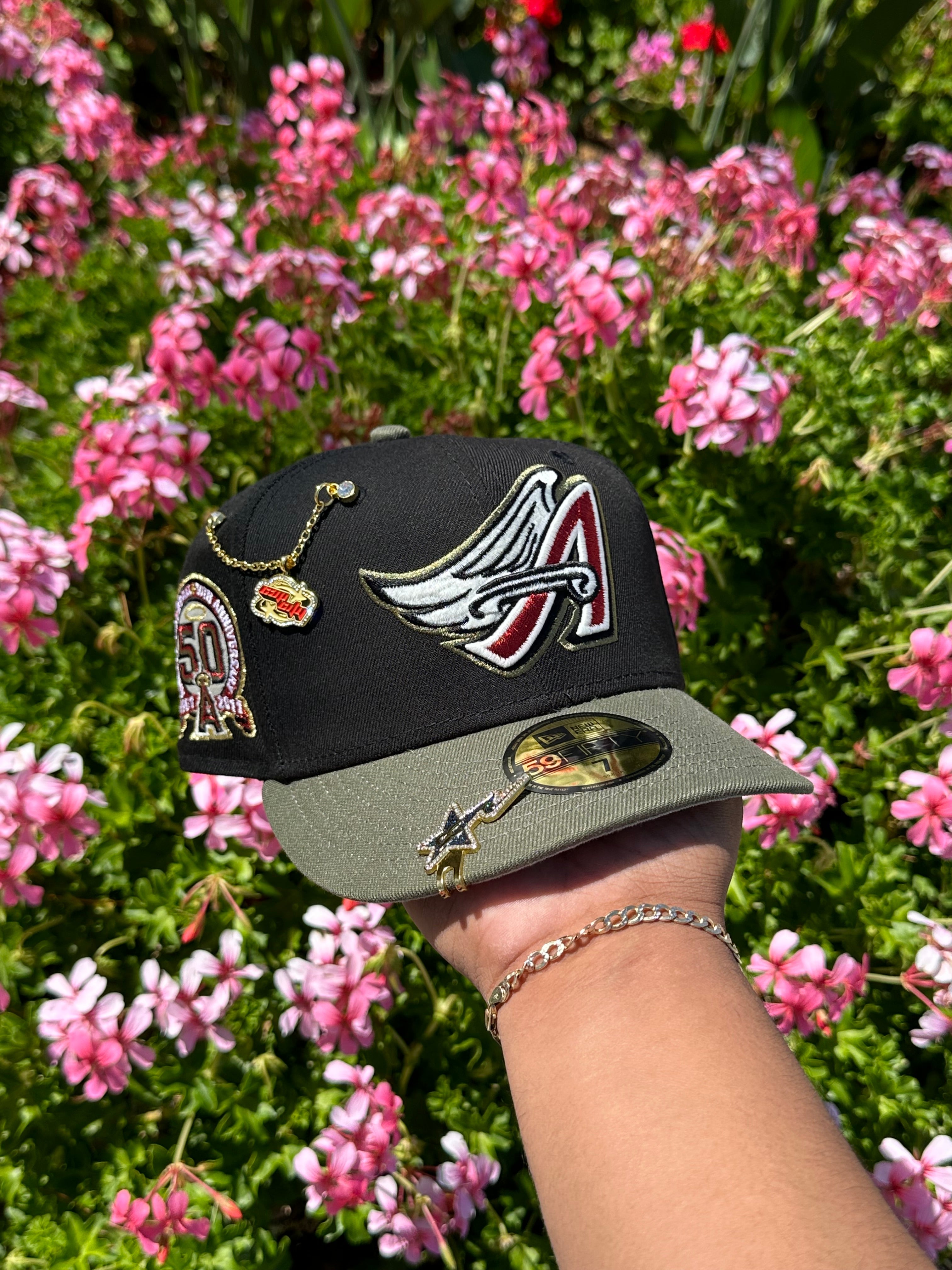 NEW ERA EXCLUSIVE 59FIFTY BLACK/OLIVE ANAHEIM ANGELS W/ 50TH ANNIVERSARY SIDEPATCH