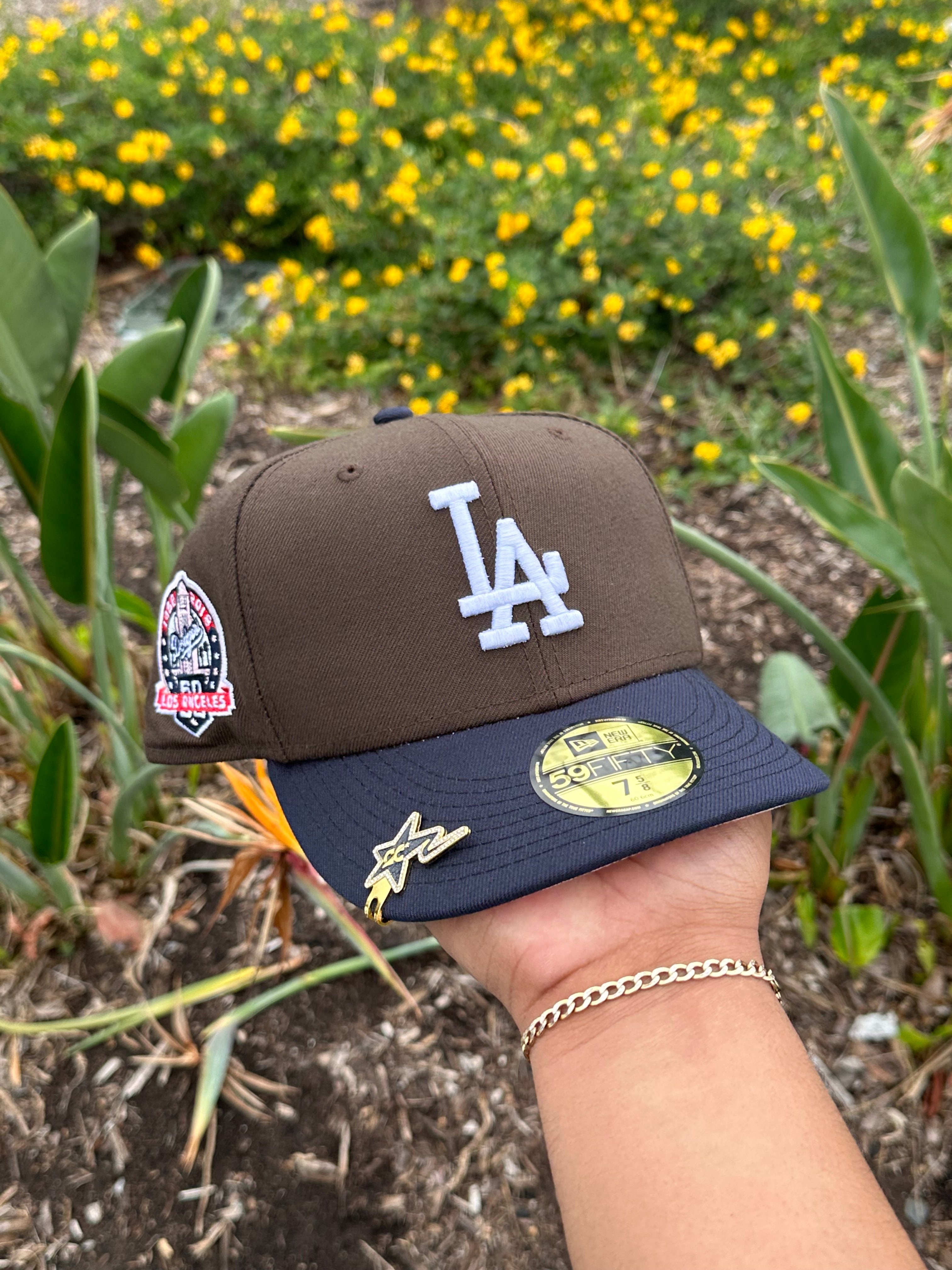 NEW ERA EXCLUSIVE 59FIFTY MOCHA/NAVY LOS ANGELES DODGERS W/ 60TH ANNIVERSARY PATCH
