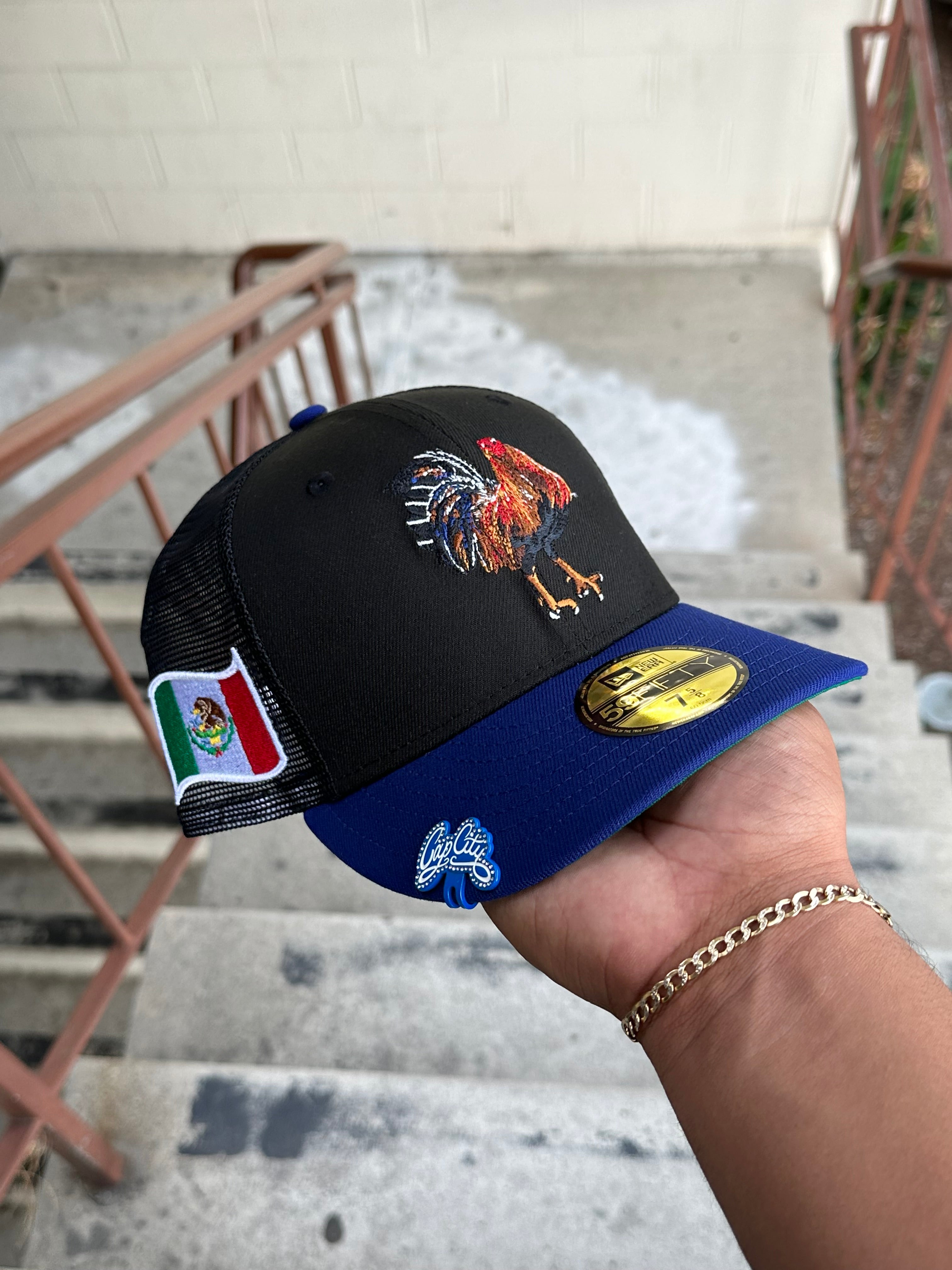 NEW ERA EXCLUSIVE 59FIFTY BLACK/BLUE MEXICO MESHBACK "EL GALLO" W/ MEXICO FLAG PATCH