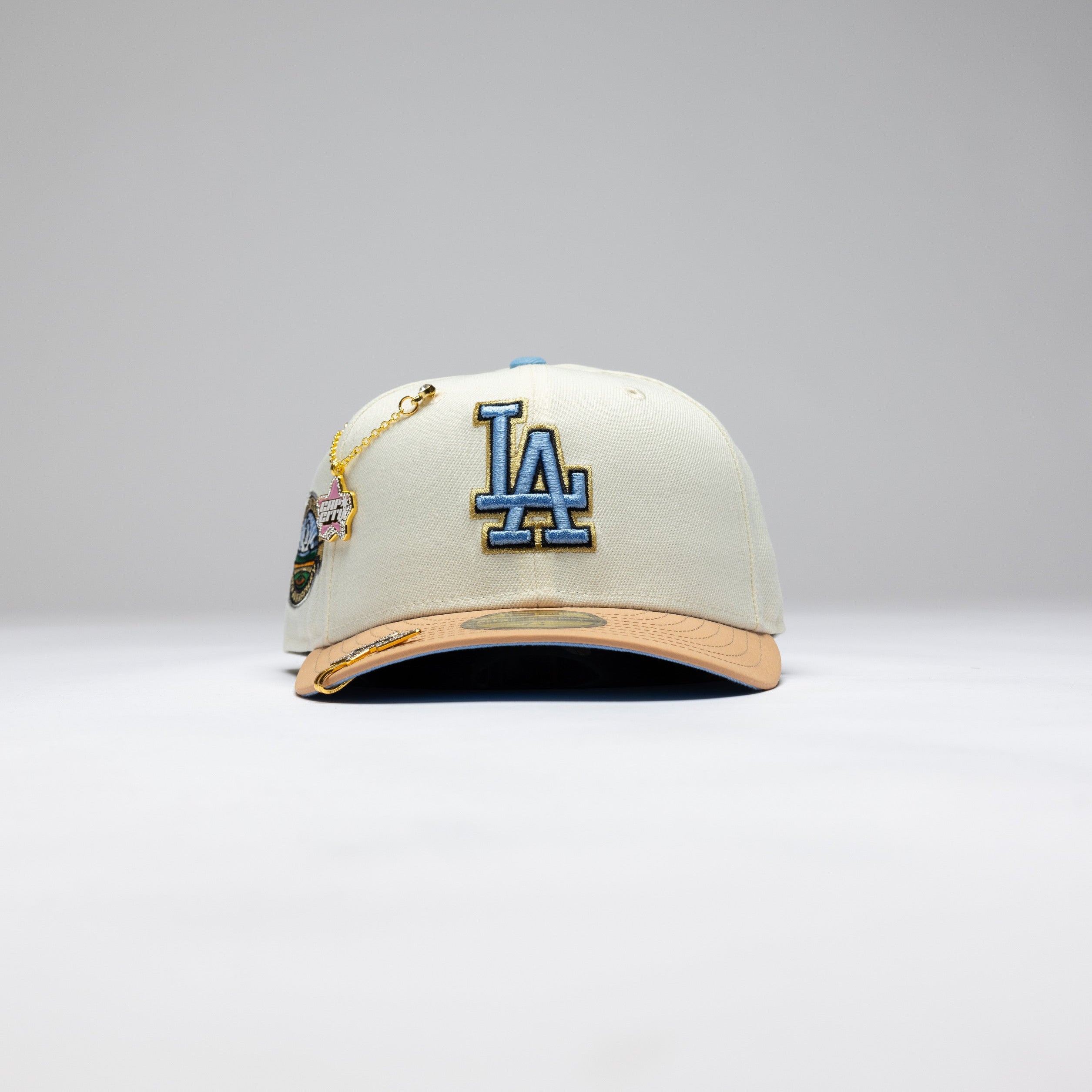 NEW ERA EXCLUSIVE 59FIFTY CHROME/ BLUSH LOS ANGELES DODGERS W/ 50TH ANNIVERSARY SIDE PATCH