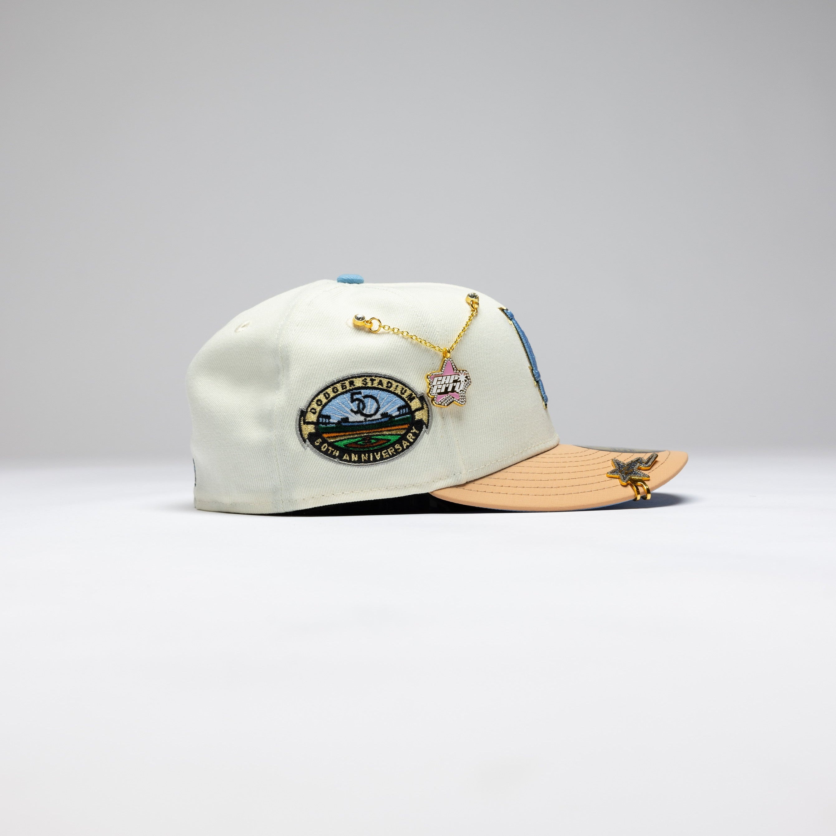 NEW ERA EXCLUSIVE 59FIFTY CHROME/ BLUSH LOS ANGELES DODGERS W/ 50TH ANNIVERSARY SIDE PATCH