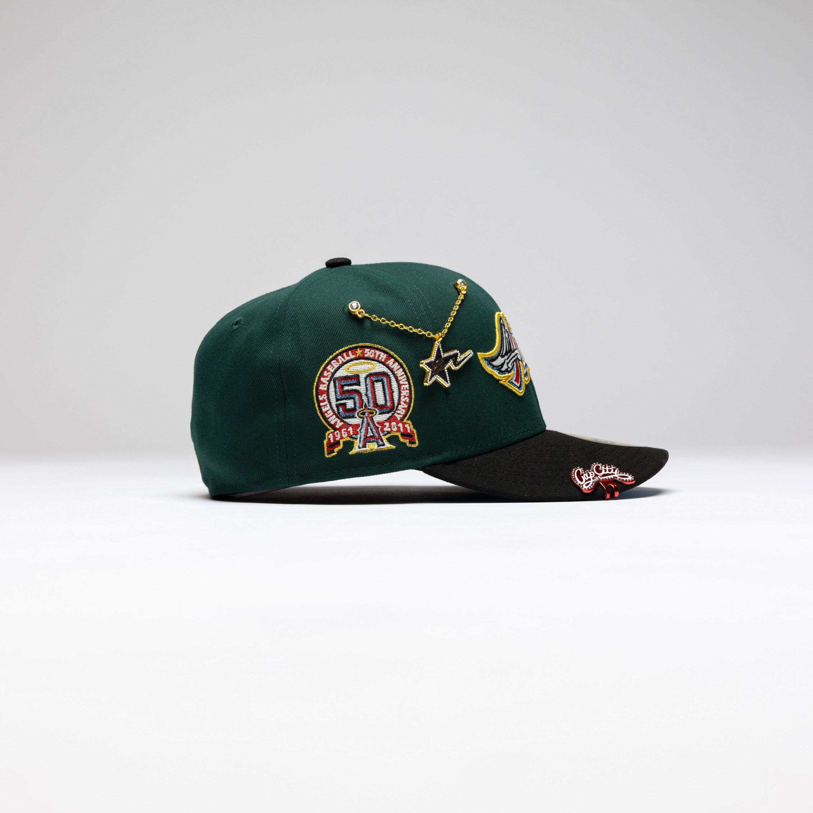 NEW ERA 59FIFTY FOREST GREEN/BLACK ANAHEIM ANGELS SCRIPT W/ 50TH ANNIVERSARY SIDE PATCH