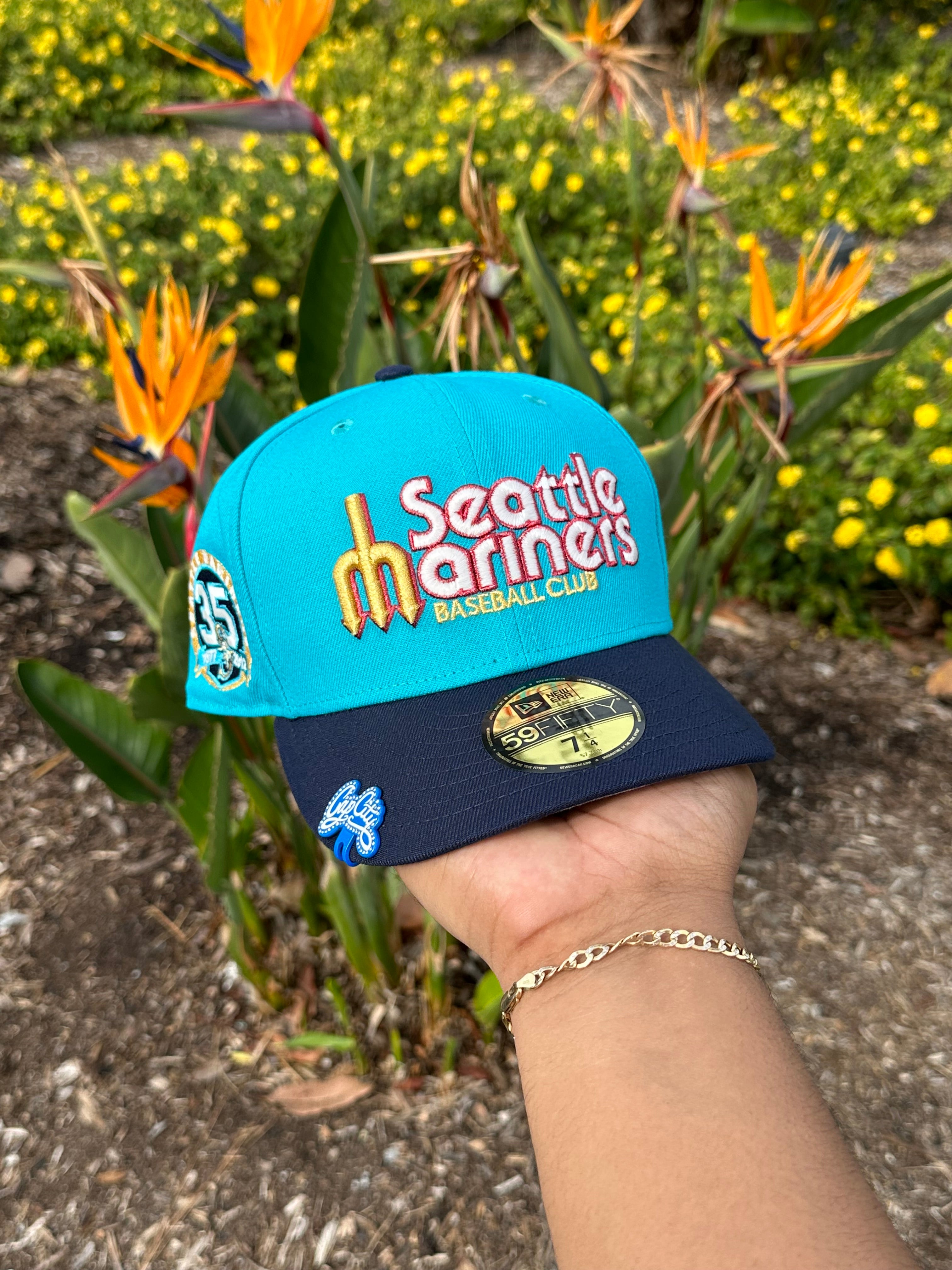 NEW ERA EXCLUSIVE 59FIFTY TEAL/NAVY BLUE SEATTLE MARINERS SCRIPT W/ 35TH ANNIVERSARY PATCH