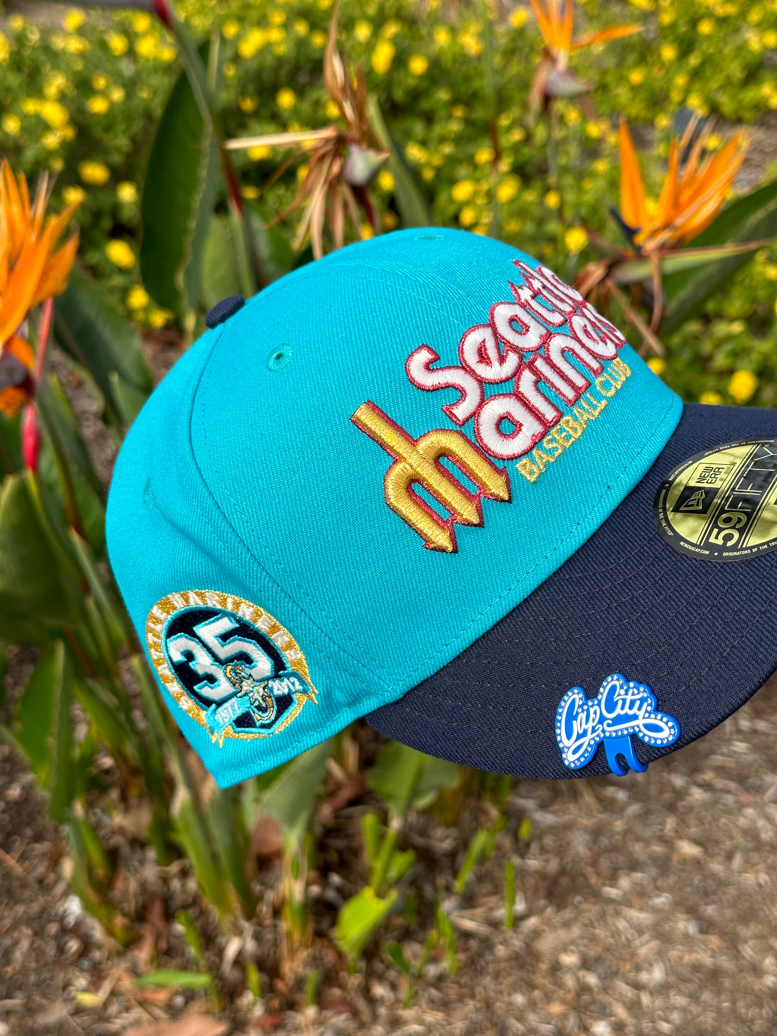 NEW ERA EXCLUSIVE 59FIFTY TEAL/NAVY BLUE SEATTLE MARINERS SCRIPT W/ 35TH ANNIVERSARY PATCH