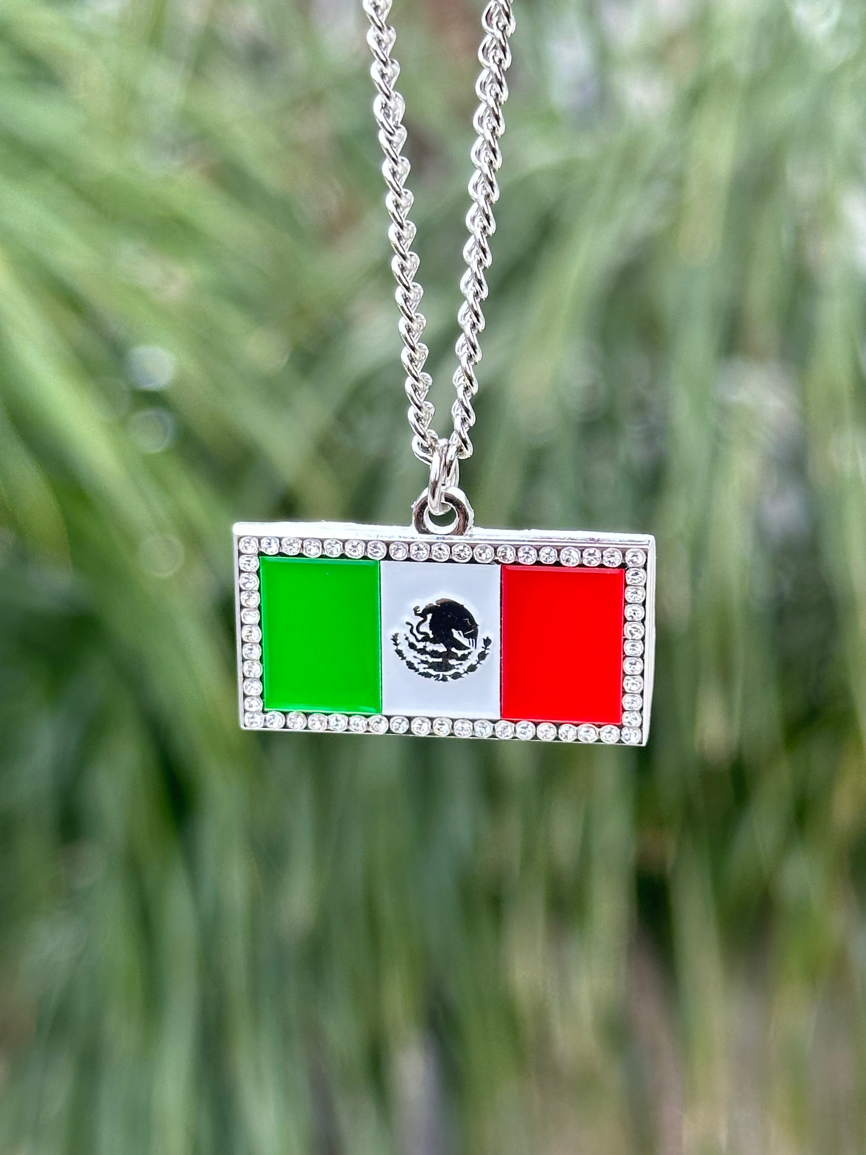 *NEW SILVER ICED OUT MEXICO FLAG CHAIN W/ RHINESTONES VERY LIMITED