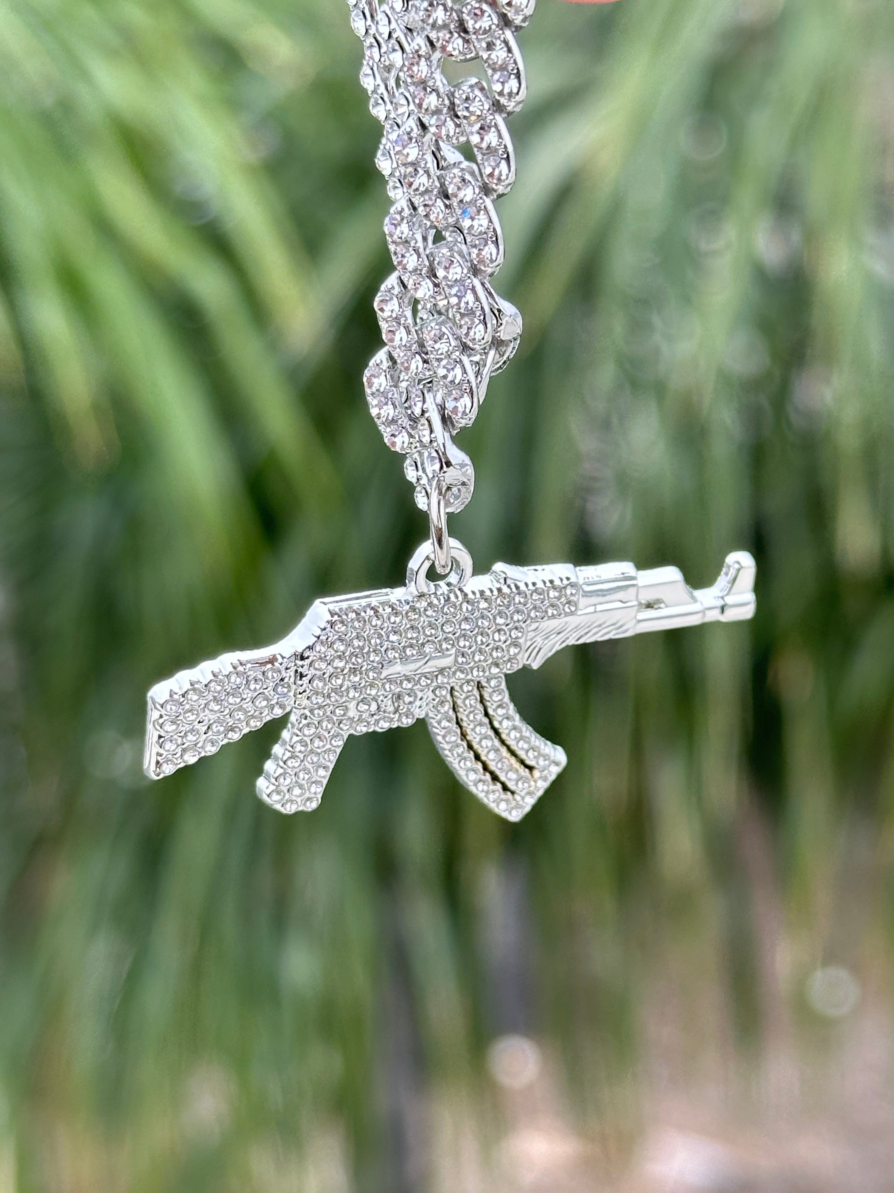 *NEW SILVER "AK-47" ICED OUT CHAIN W/RHINESTONES VERY LIMITED