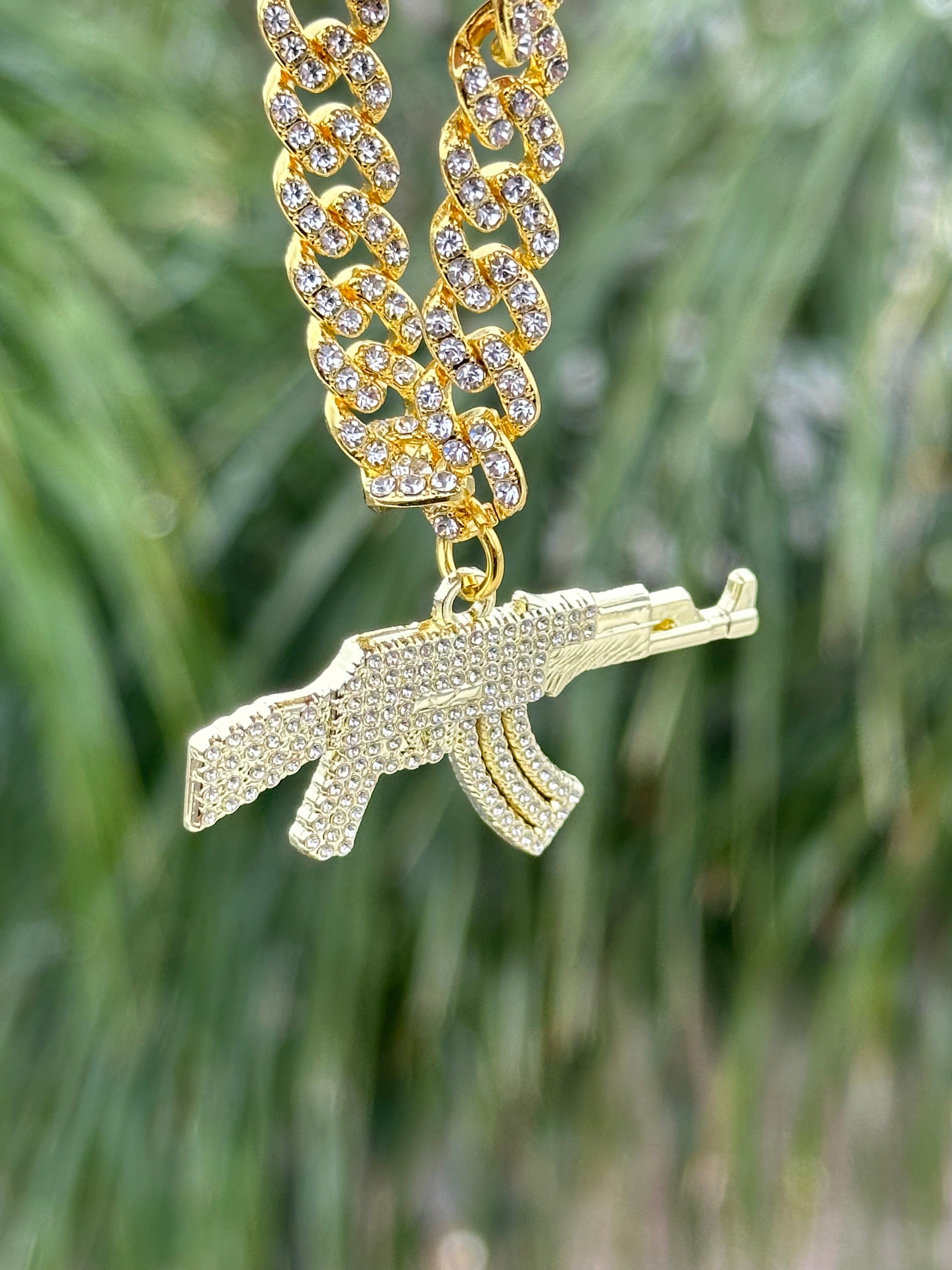 *NEW GOLD "AK-47 " ICED OUT CHAIN W/RHINESTONES (VERY LIMITED)