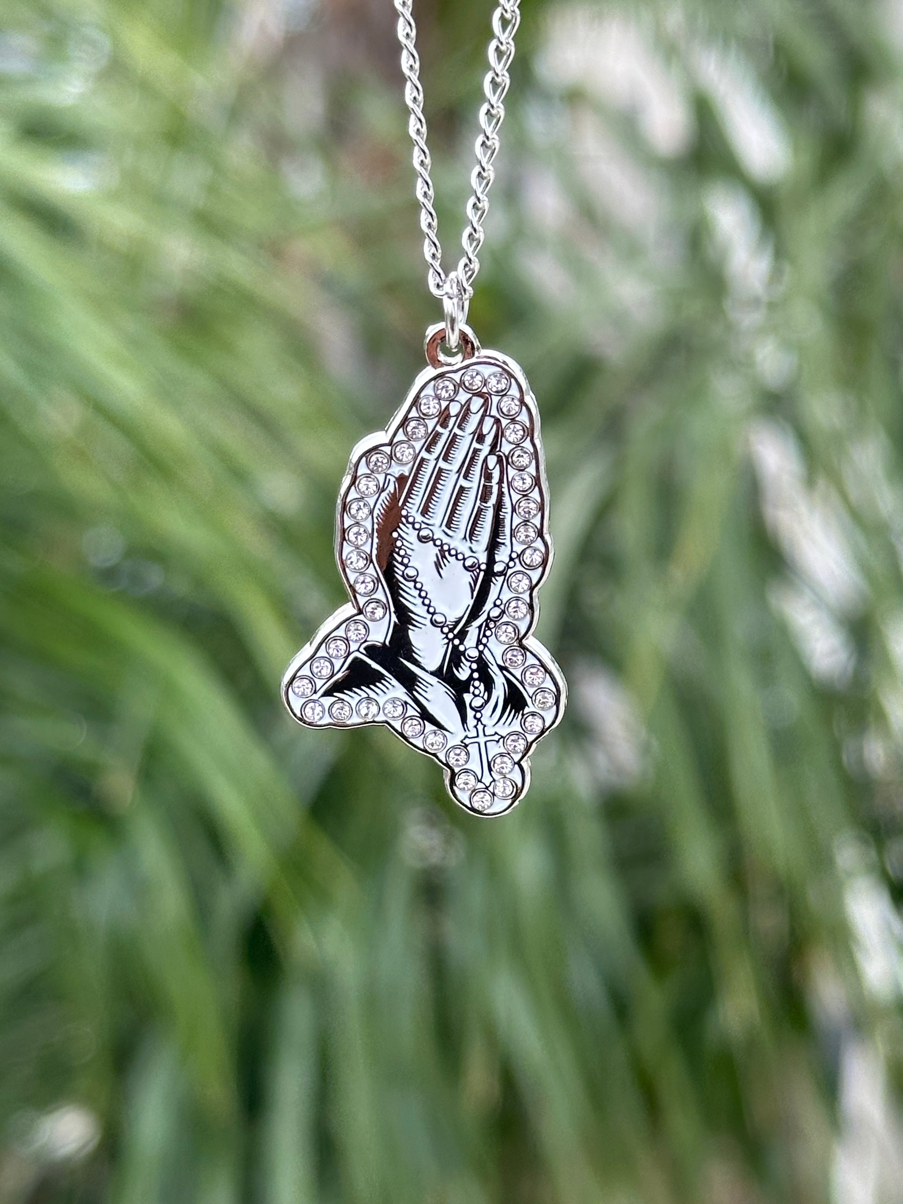 *NEW SILVER "PRAYING HANDS" ICED OUT CHAIN W/ RHINESTONES VERY LIMITED