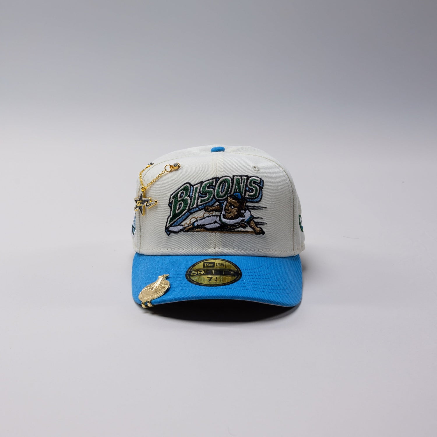NEW ERA EXCLUSIVE 59FIFTY CHROME/ ICY BLUE BUFFALO BISONS W/ "BISONS" SIDE PATCH