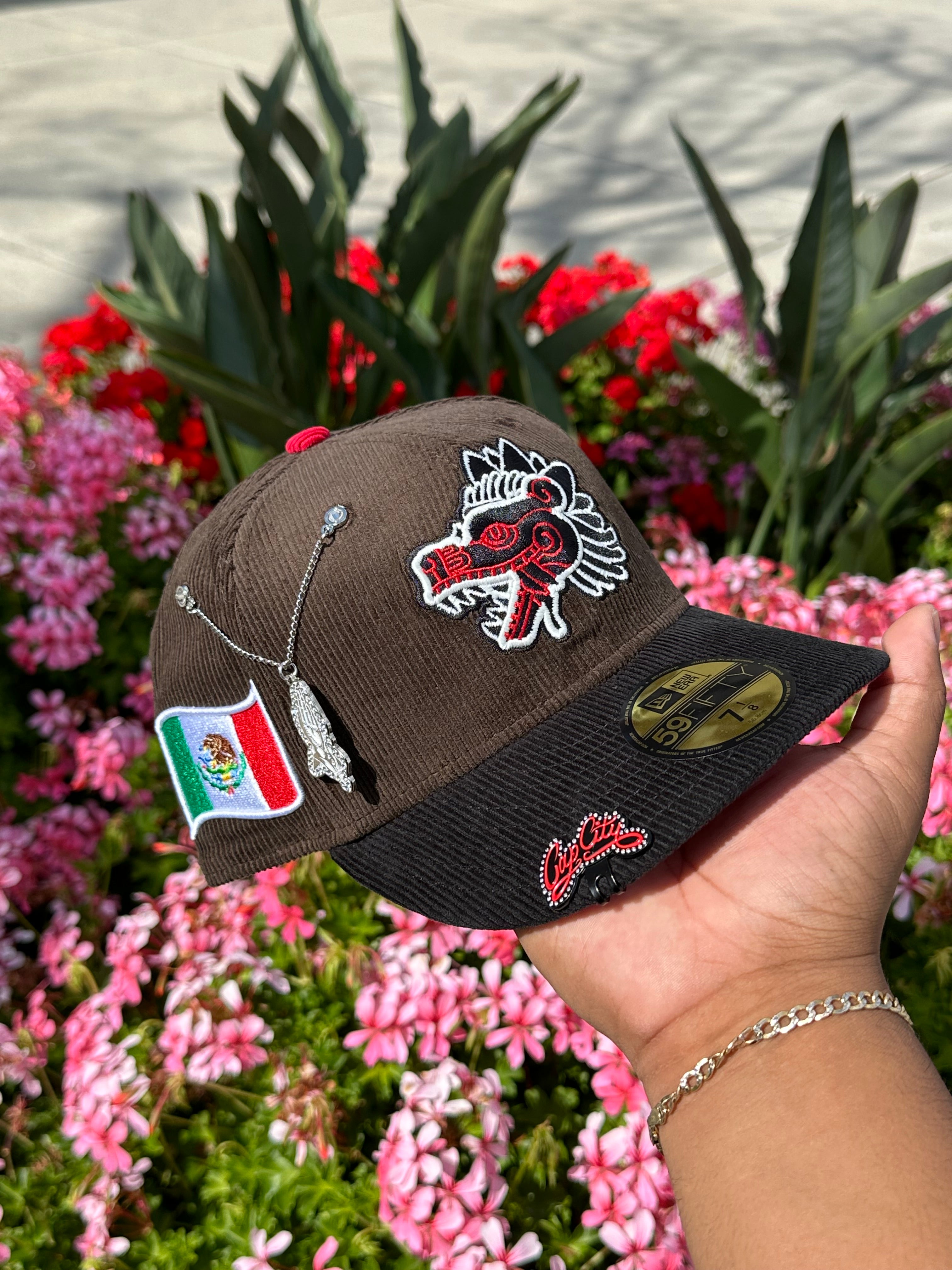 NEW ERA EXCLUSIVE 59FIFTY BROWN/BLACK CORDUROY MEXICO "QUETZALCOATL" W/ MEXICO FLAG SIDEPATCH