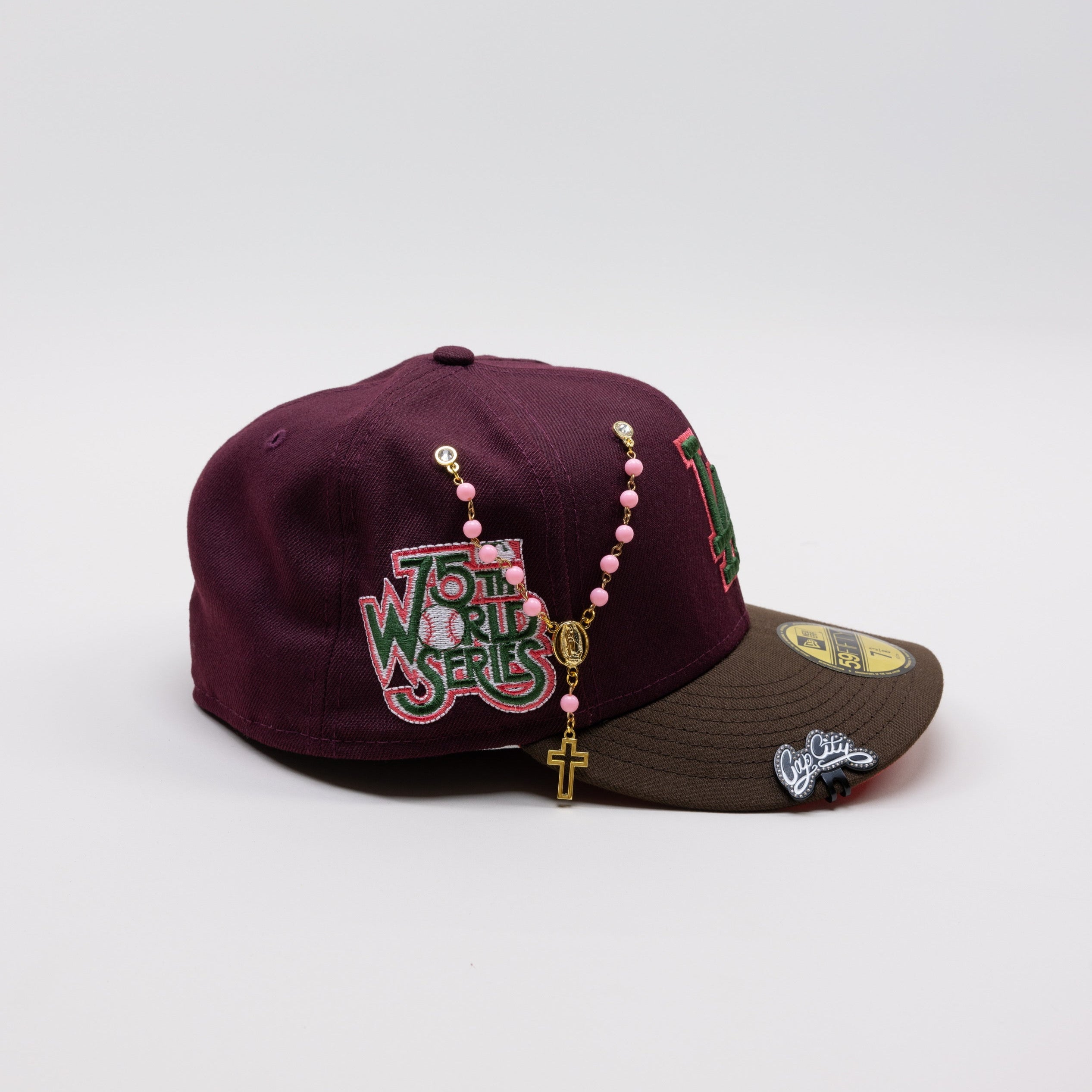 NEW ERA EXCLUSIVE 59FIFTY BURGUNDY/ BROWN LOS ANGELES DODGERS W/ 75TH WORLD SERIES SIDE PATCH