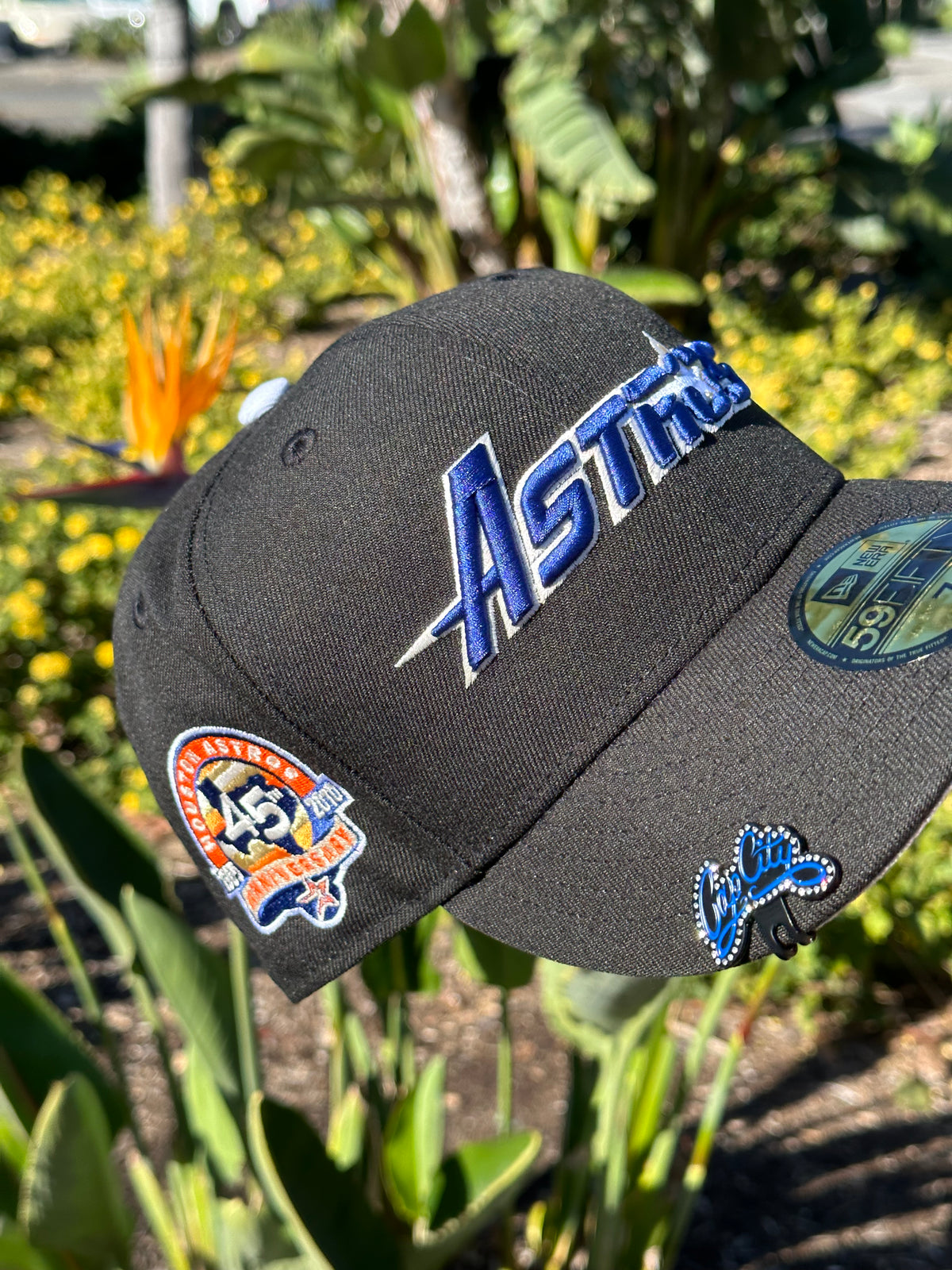 NEW ERA EXCLUSIVE 59FIFTY BLACK HOUSTON ASTROS SCRIPT W/ 45TH ANNIVERSARY PATCH