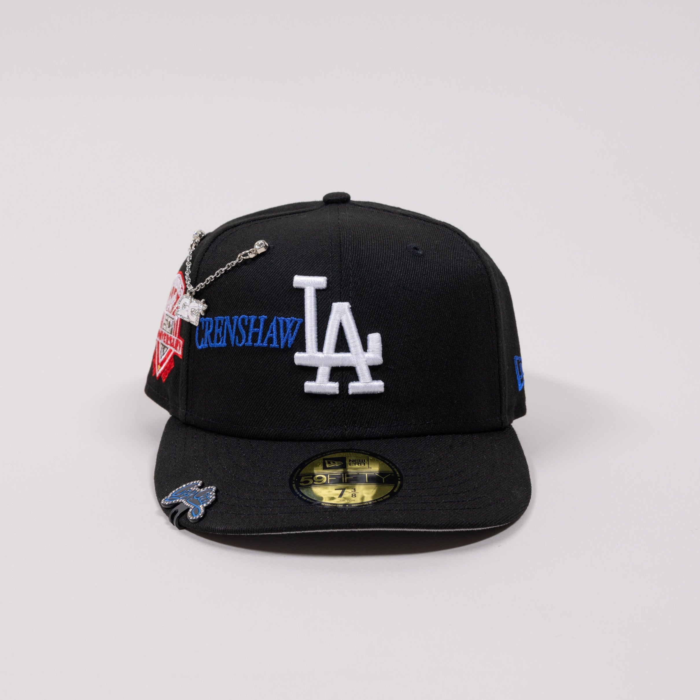NEW ERA EXCLUSIVE 59FIFTY BLACK LOS ANGELES DODGERS W/ "CRENSHAW" + 50TH ANNIVERSARY SIDE PATCH