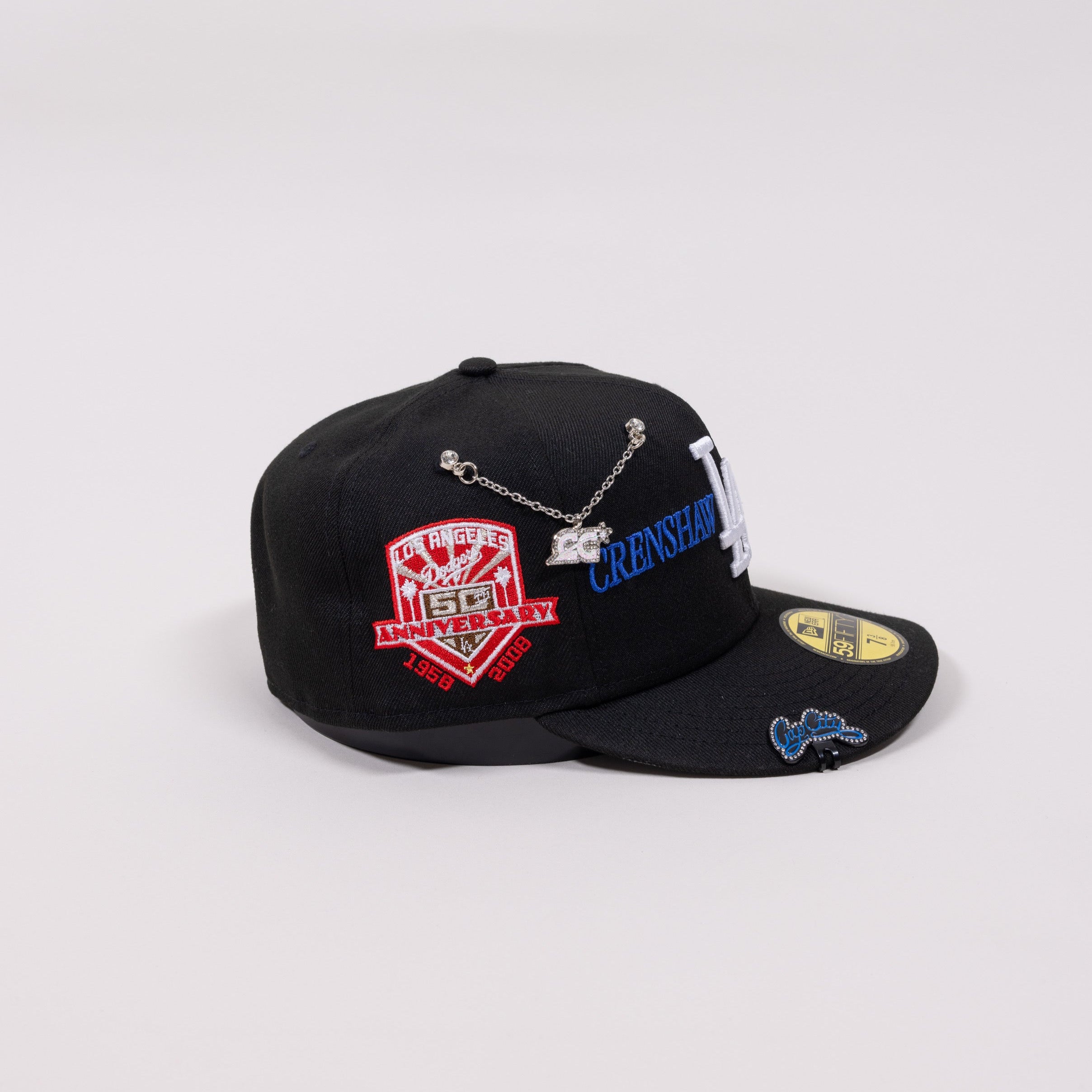 NEW ERA EXCLUSIVE 59FIFTY BLACK LOS ANGELES DODGERS W/ "CRENSHAW" + 50TH ANNIVERSARY SIDE PATCH