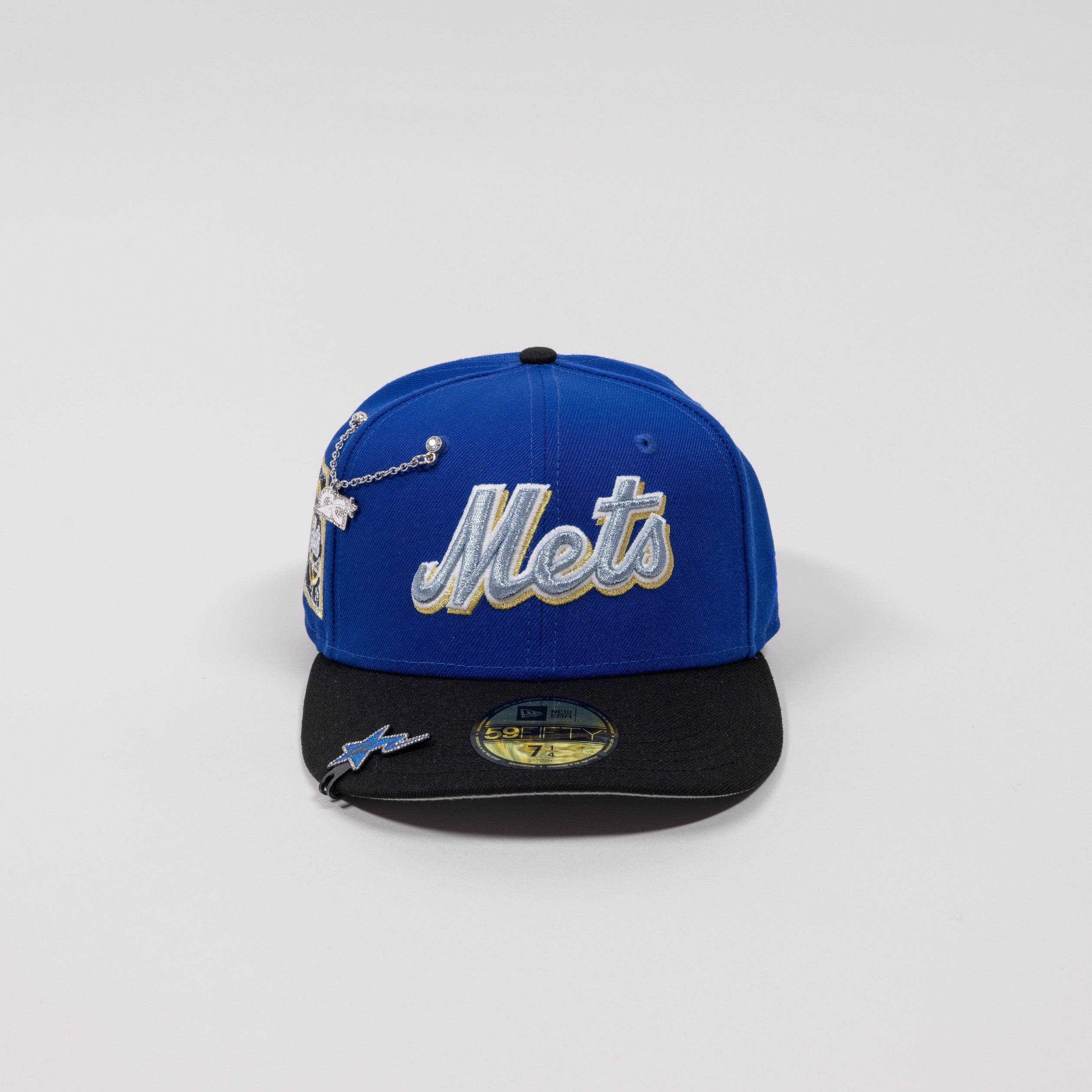 NEW ERA EXCLUSIVE 59FIFTY BLUE/ BLACK NEW YORK METS SCRIPT W/ 40TH ANNIVERSARY SIDE PATCH