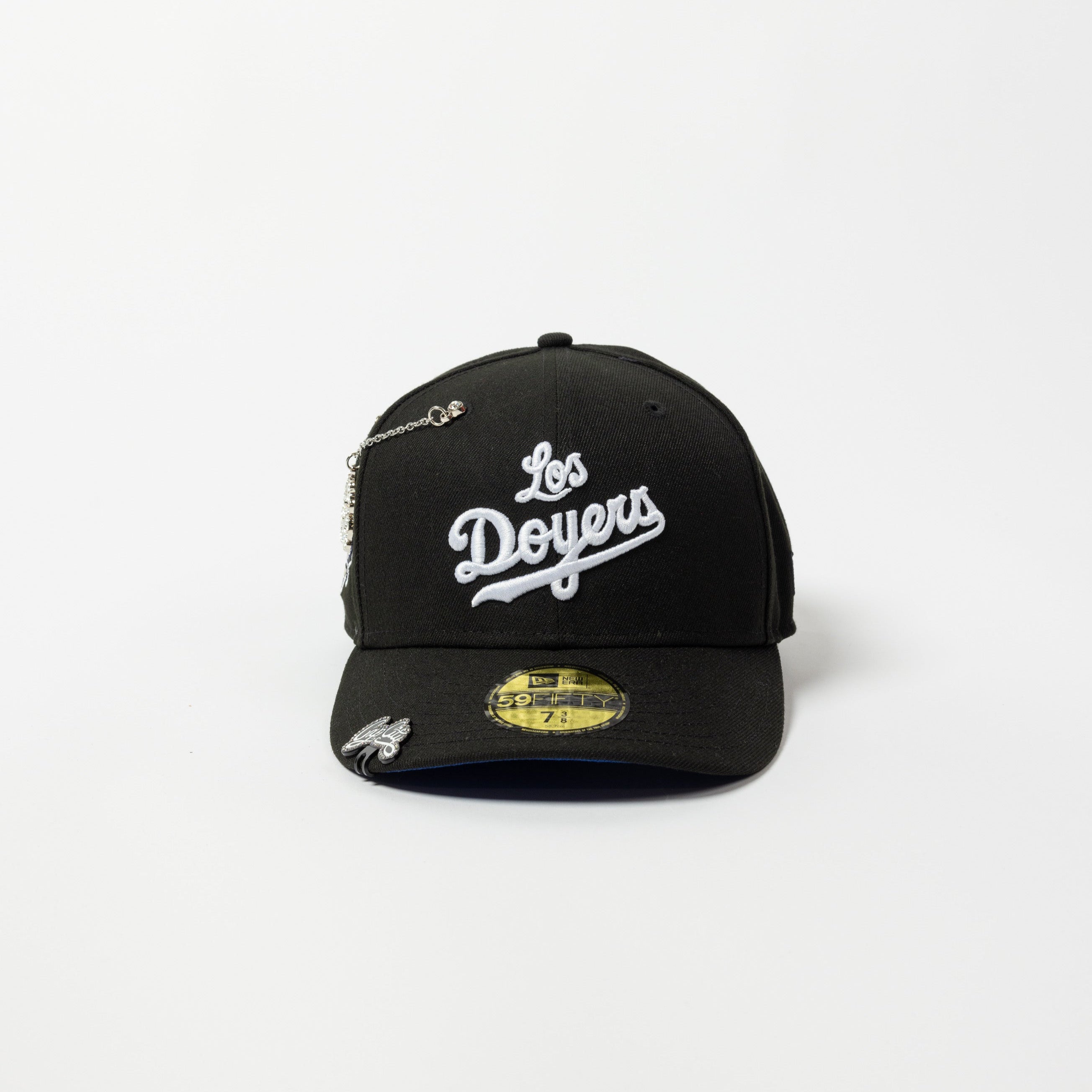 NEW ERA 59FIFTY BLACK “LOS DOYERS” SCRIPT W/ 40TH ANNIVERSARY SIDE PATCH