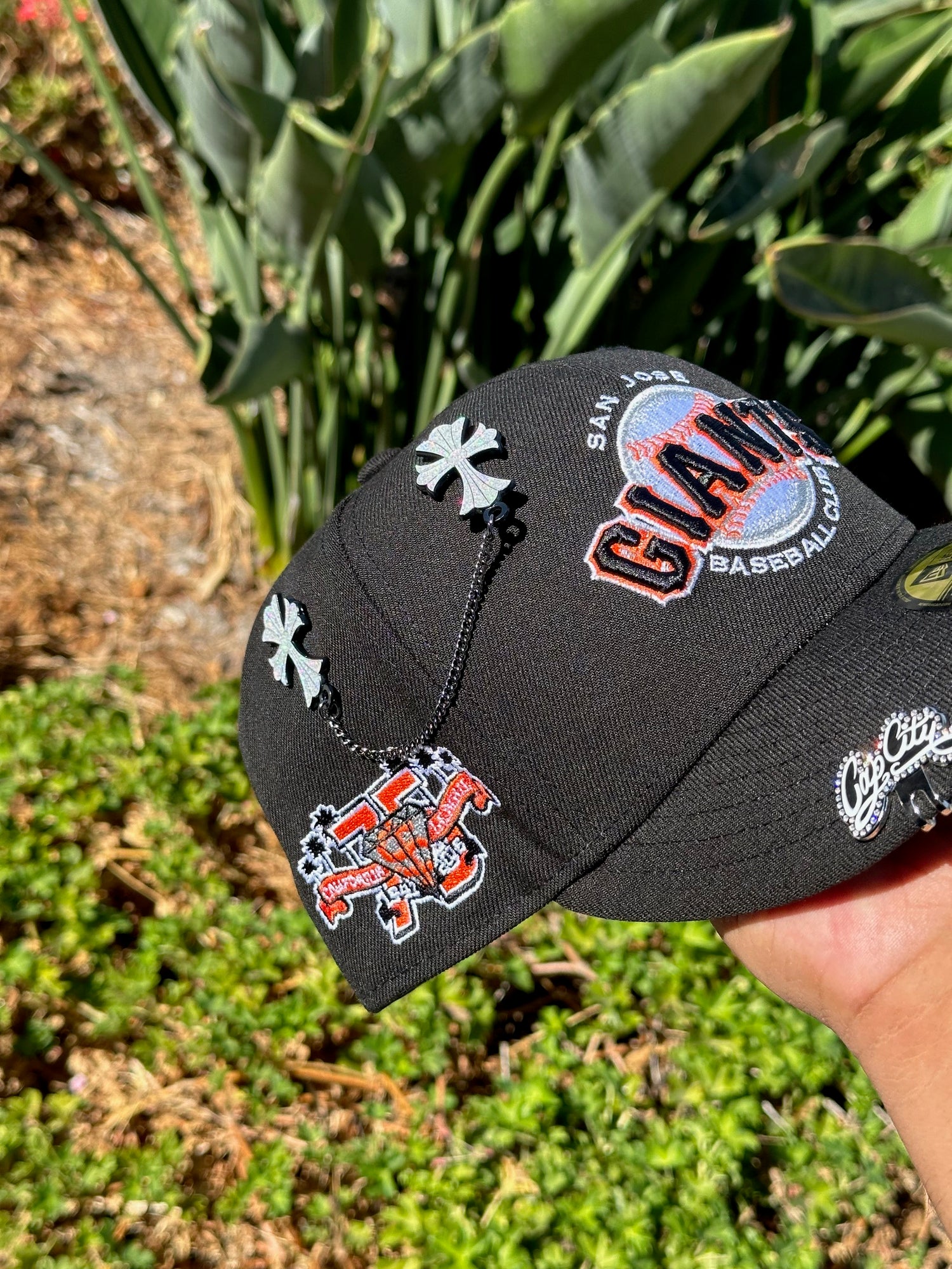 NEW ERA EXCLUSIVE 59FIFTY BLACK SAN JOSE GIANTS SCRIPT W/ 75TH ANNIVERSARY SIDE PATCH