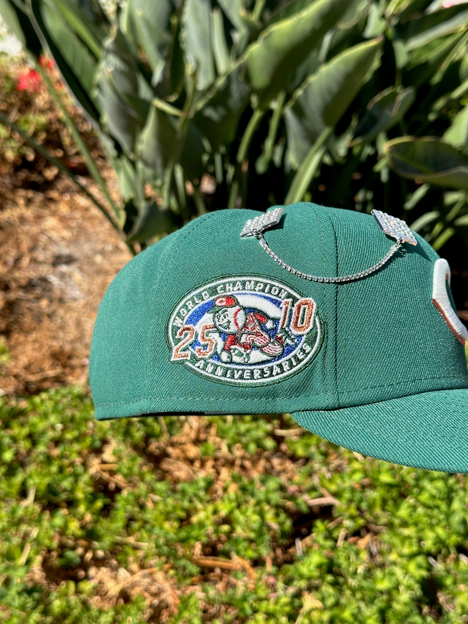 NEW ERA EXCLUSIVE 59FIFTY PINE GREEN CINCINNATI REDS W/ 25TH ANNIVERSARY SIDE PATCH