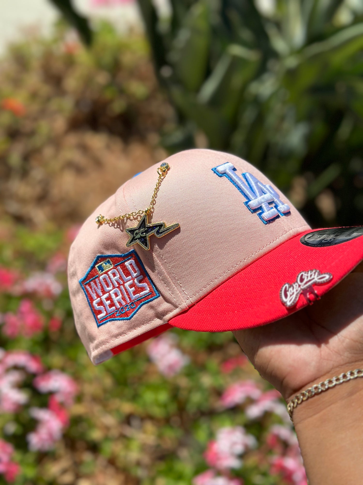 NEW ERA EXCLUSIVE 9FIFTY BLUSH/LAVA RED LOS ANGELES DODGERS SNAPBACK W/ 2020 WORLD SERIES SIDE PATCH