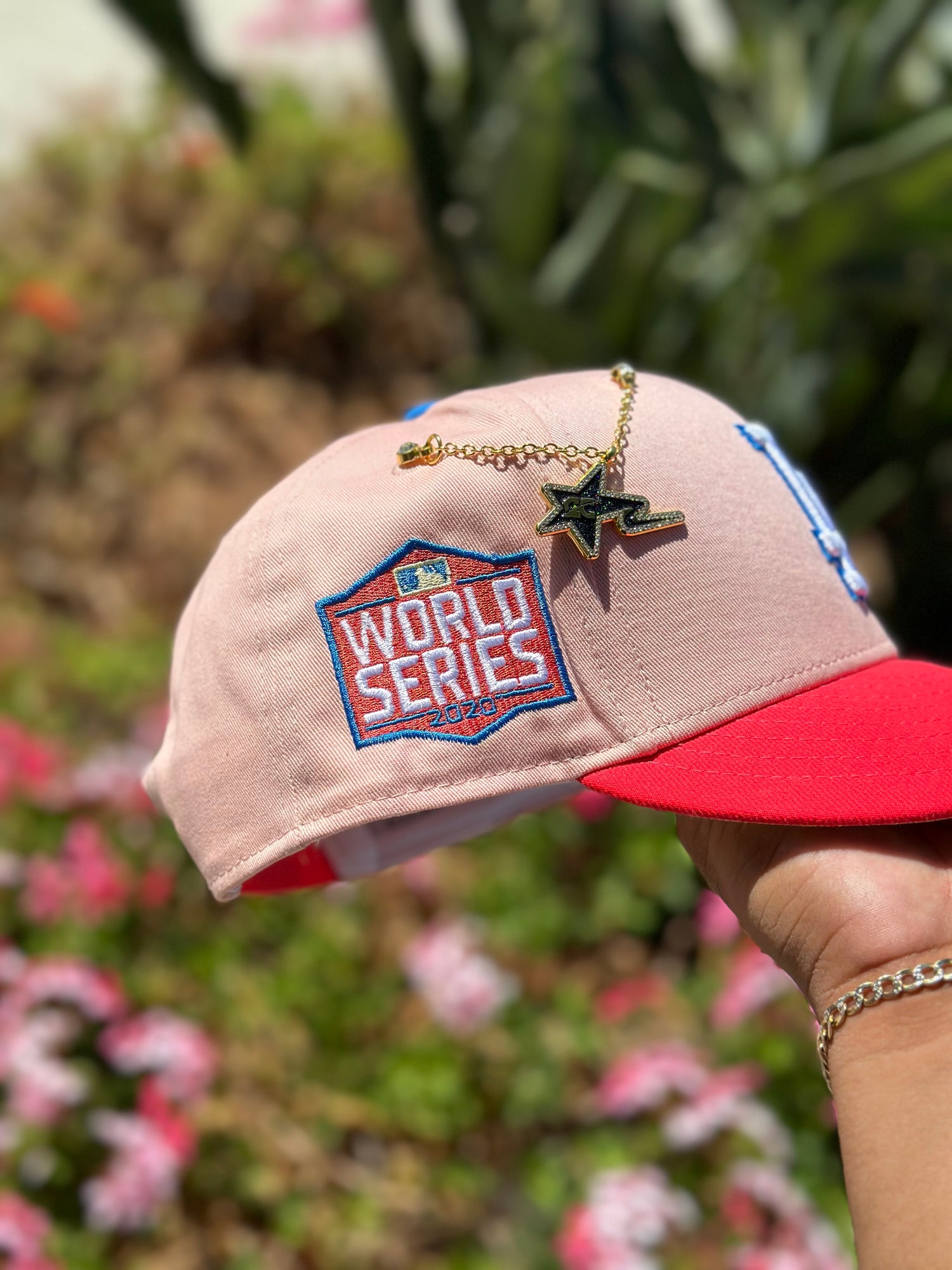 NEW ERA EXCLUSIVE 9FIFTY BLUSH/LAVA RED LOS ANGELES DODGERS SNAPBACK W/ 2020 WORLD SERIES SIDE PATCH