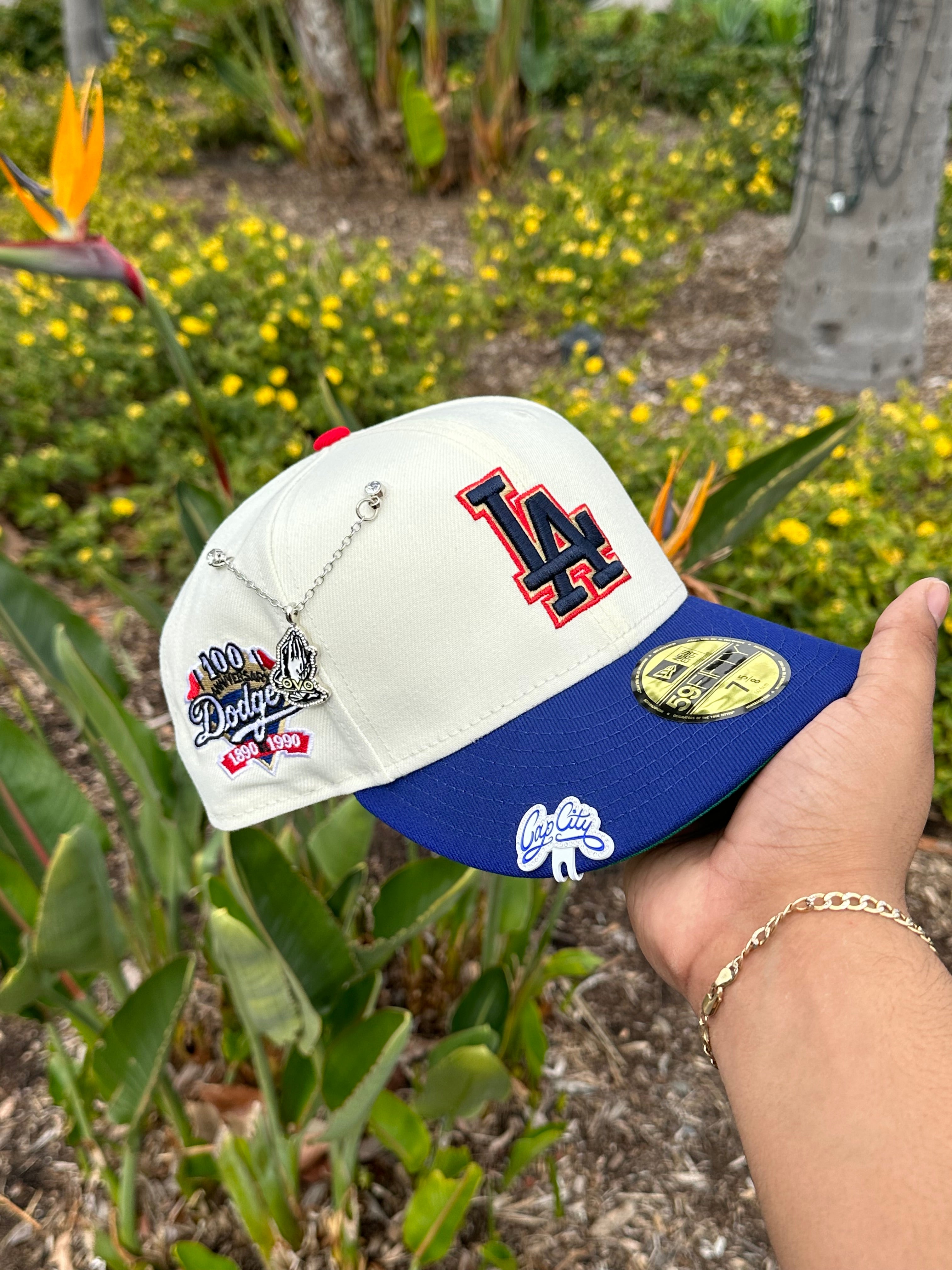 NEW ERA EXCLUSIVE 59FIFTY CHROME WHITE/BLUE LOS ANGELES DODGERS W/ 100TH ANNIVERSARY PATCH
