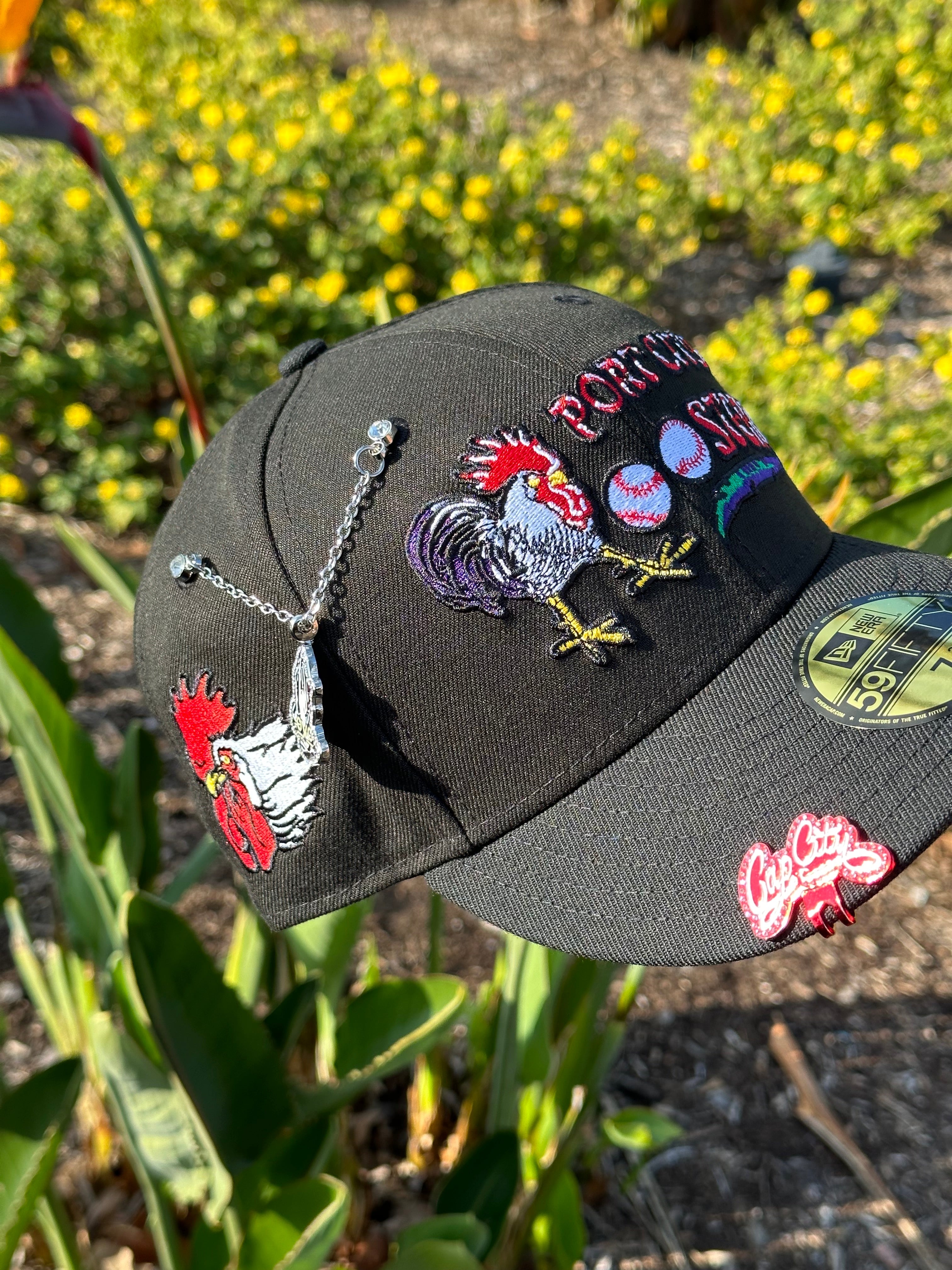 NEW ERA EXCLUSIVE 59FIFTY BLACK PORT CITY ROOSTERS W/ ROOSTER SIDEPATCH