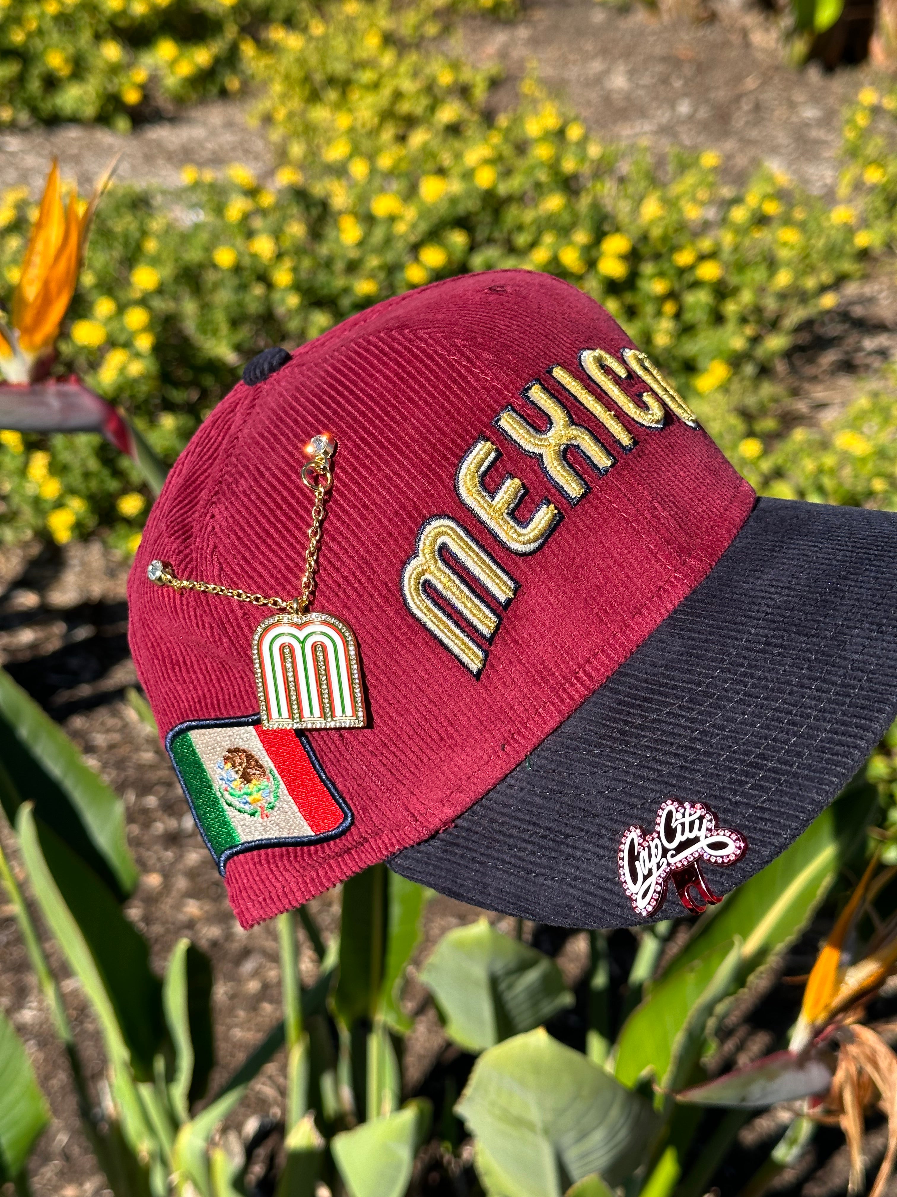 NEW ERA EXCLUSIVE 59FIFTY BURGUNDY/NAVY CORDUROY MEXICO SCRIPT W/ MEXICO FLAG SIDE PATCH