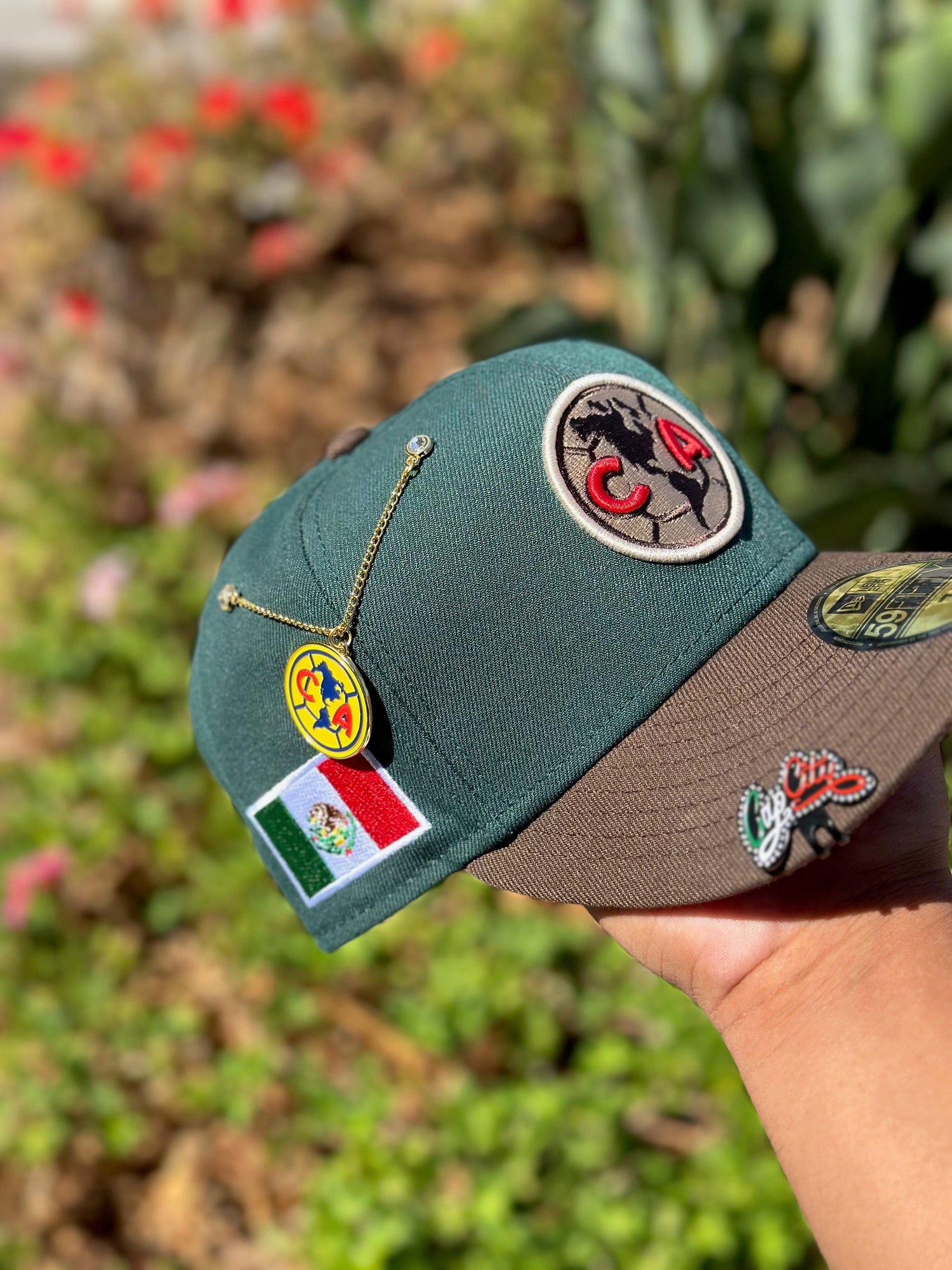 NEW ERA EXCLUSIVE 59FIFTY EMERALD GREEN/WALNUT"CLUB AMERICA" W/ MEXICO FLAG SIDE PATCH