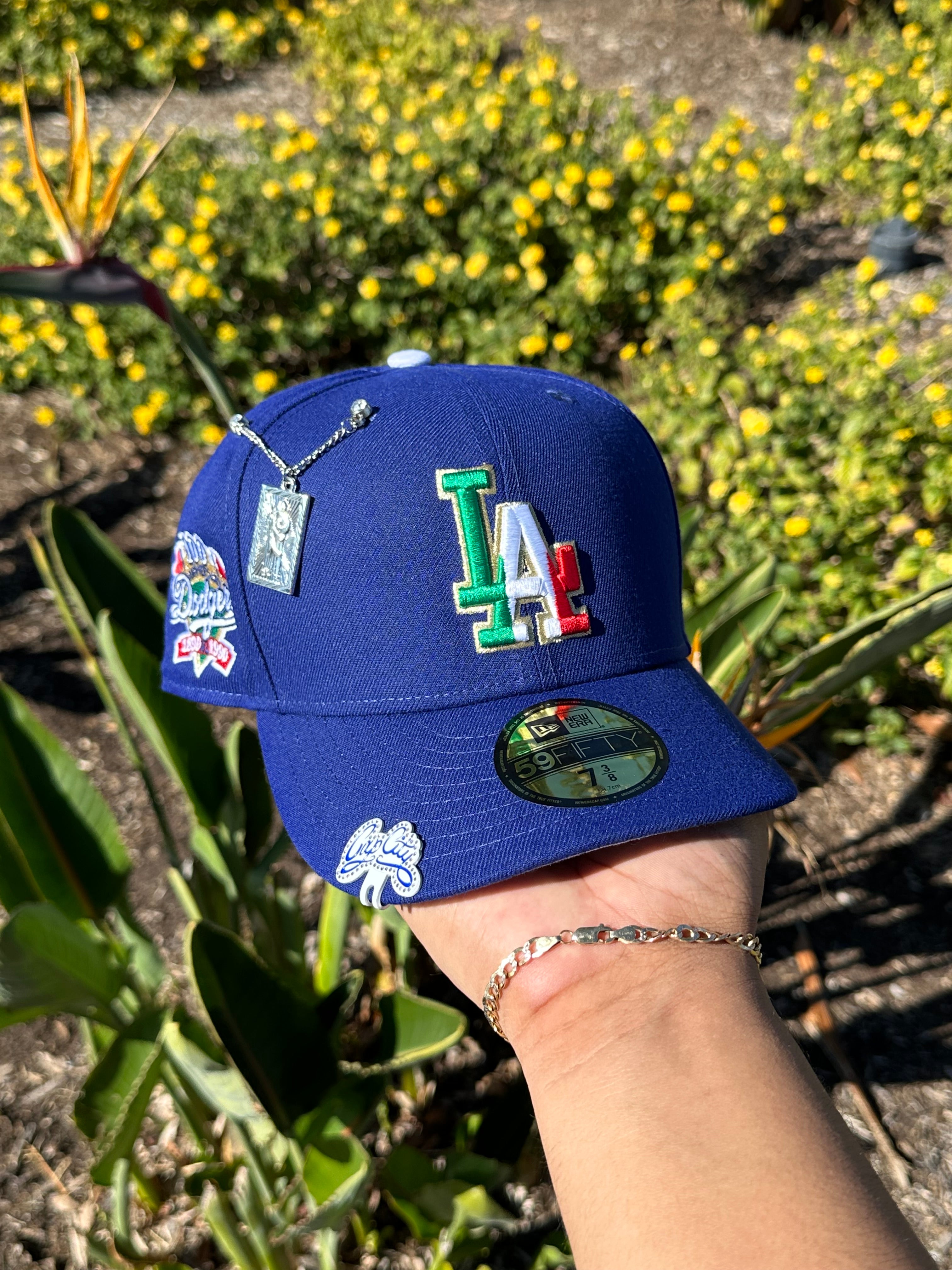 NEW ERA EXCLUSIVE 59FIFTY BLUE LOS ANGELES DODGERS W/ MEXICAN FLAG LOGO + 100TH ANNIVERSARY SIDEPATCH
