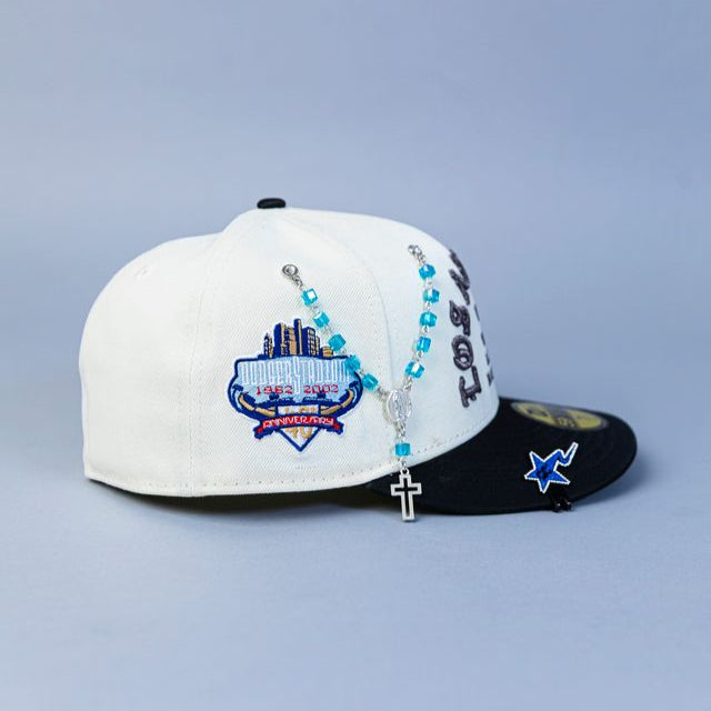 NEW ERA EXCLUSIVE 59FIFTY CHROME/ SATIN LOS ANGELES DODGERS "1958 MLB SCRIPT" W/ 40TH ANNIVERSARY SIDE PATCH