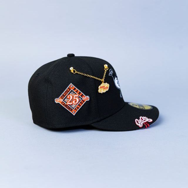 NEW ERA EXCLUSIVE 59FIFTY BLACK BALTIMORE ORIOLES W/ 25TH ANNIVERSARY SIDE PATCH