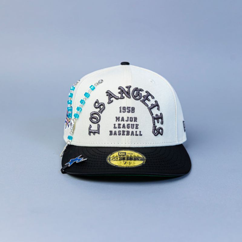 NEW ERA EXCLUSIVE 59FIFTY CHROME/ SATIN LOS ANGELES DODGERS "1958 MLB SCRIPT" W/ 40TH ANNIVERSARY SIDE PATCH