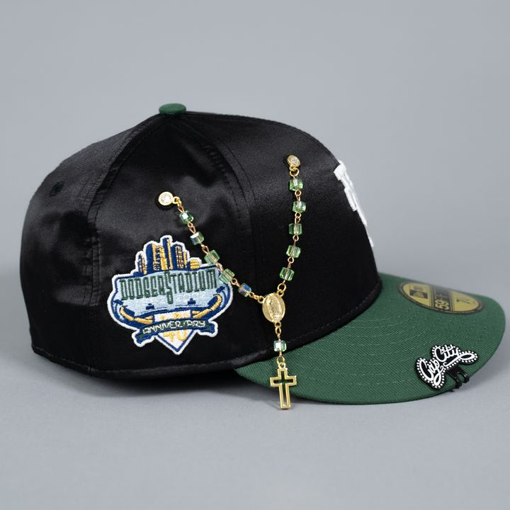 NEW ERA EXCLUSIVE 59FIFTY BLACK SATIN/ GREEN UPSIDE DOWN LOS ANGELES DODGERS W/ 40TH ANNIVERSARY PATCH