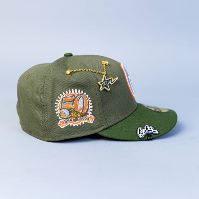 NEW ERA EXCLUSIVE 59FIFTY OLIVE BALTIMORE ORIOLES W/ 50TH ANNIVERSARY SIDE PATCH