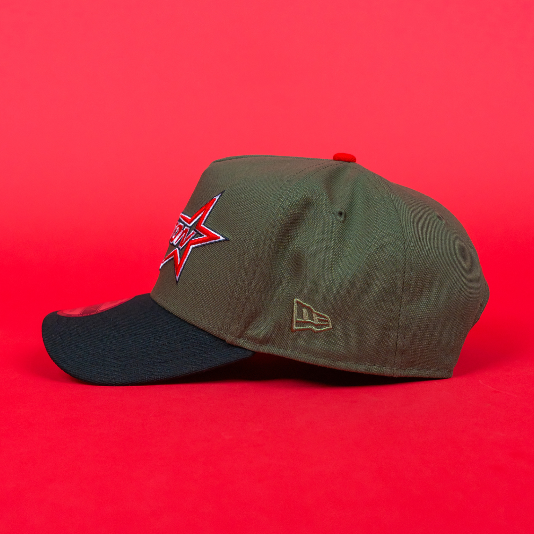 NEW ERA 9FIFTY A-FRAME OLIVE/ BLACK HOUSTON ASTROS SCRIPT W/ 40TH ANNIVERSARY SIDE PATCH