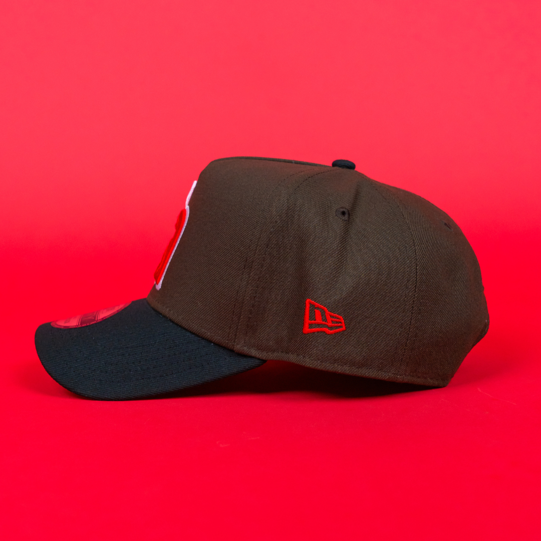 NEW ERA 9FIFTY A-FRAME BROWN/ BLACK ANAHEIM ANGELS SNAPBACK W/ 35TH ANNIVERSARY SIDE PATCH