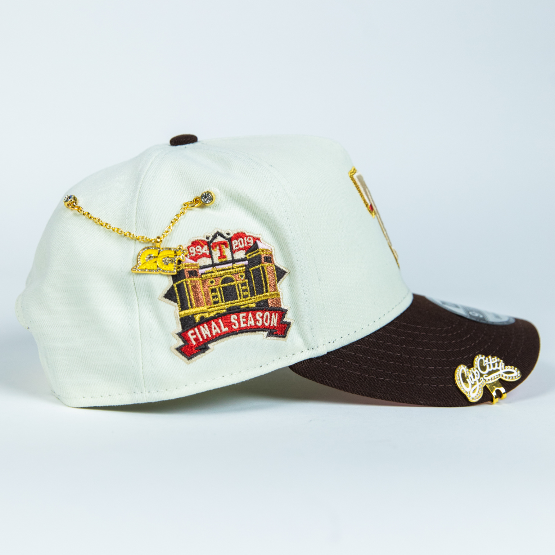 NEW ERA 9FIFTY A-FRAME CHROME/ BROWN TEXAS RANGERS SNAPBACK W/ FINAL SEASON SIDE PATCH