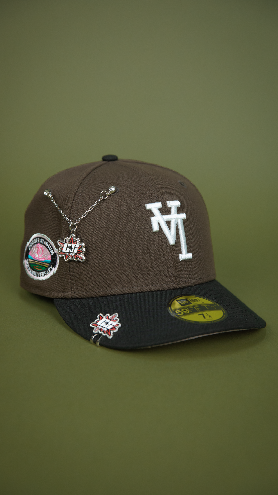 NEW ERA 59FIFTY BROWN/ BLACK UPSIDE DOWN LOS ANGELES DODGERS W/ 50TH ANNIVERSARY SIDE PATCH