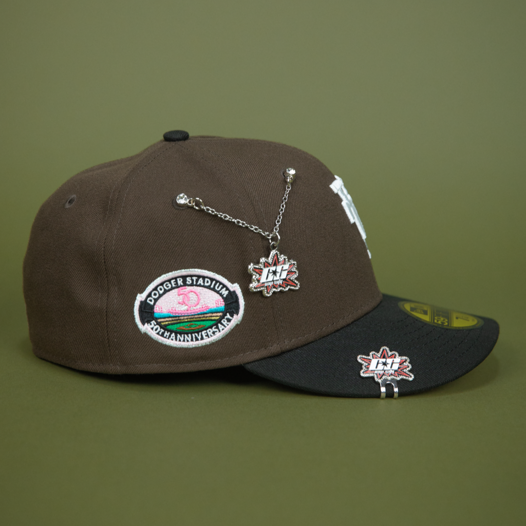 NEW ERA 59FIFTY BROWN/ BLACK UPSIDE DOWN LOS ANGELES DODGERS W/ 50TH ANNIVERSARY SIDE PATCH