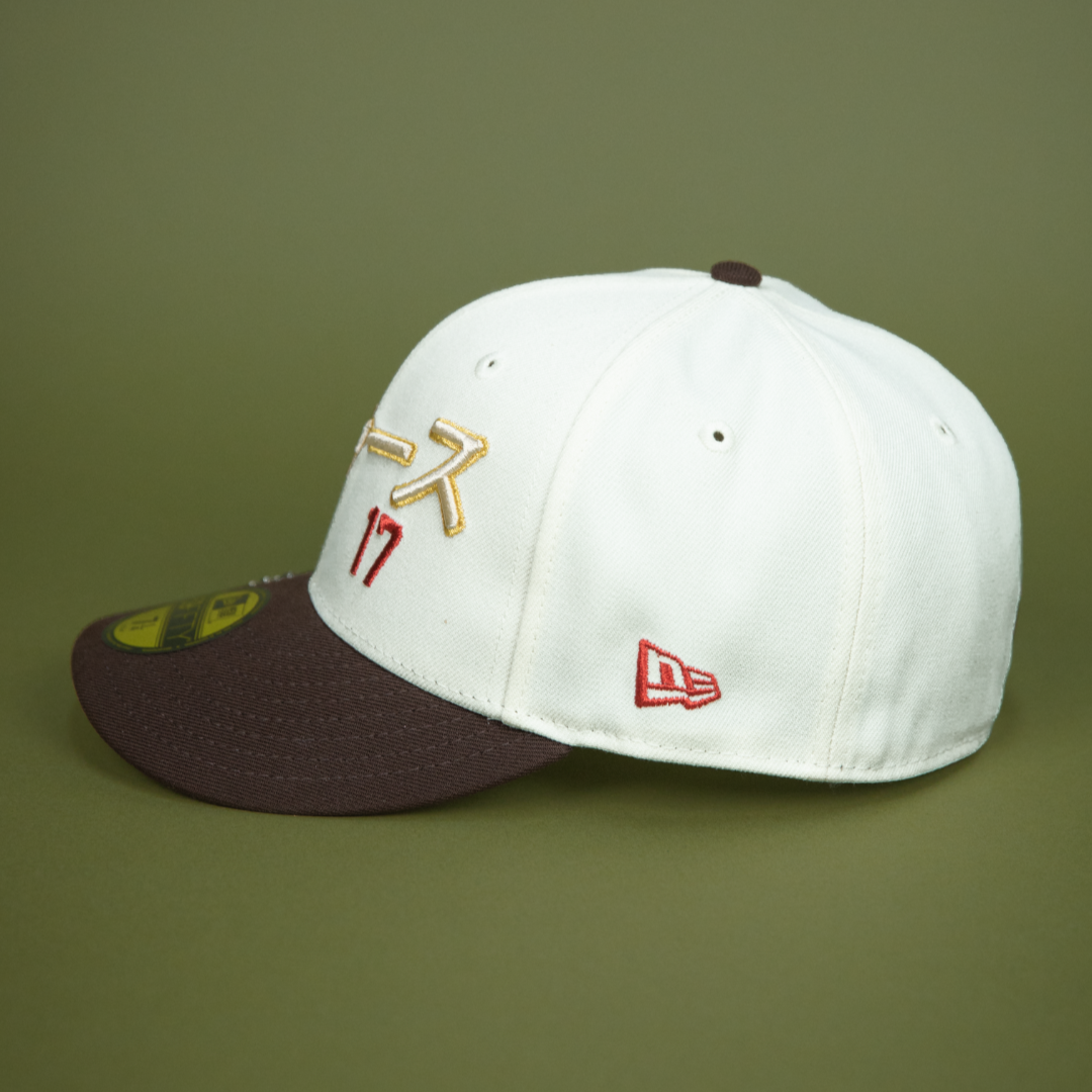 NEW ERA EXCLUSIVE 59FIFTY CHROME/ BROWN LOS ANGELES DODGERS JAPANESE SCRIPT W/ "SHOHEI OHTANI" SIDE PATCH
